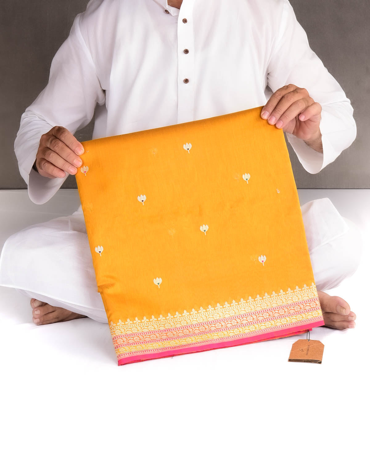 Mustard Yellow Gold Zari & Resham Buti Kadhuan Brocade Handwoven Cotton Silk Banarasi Saree