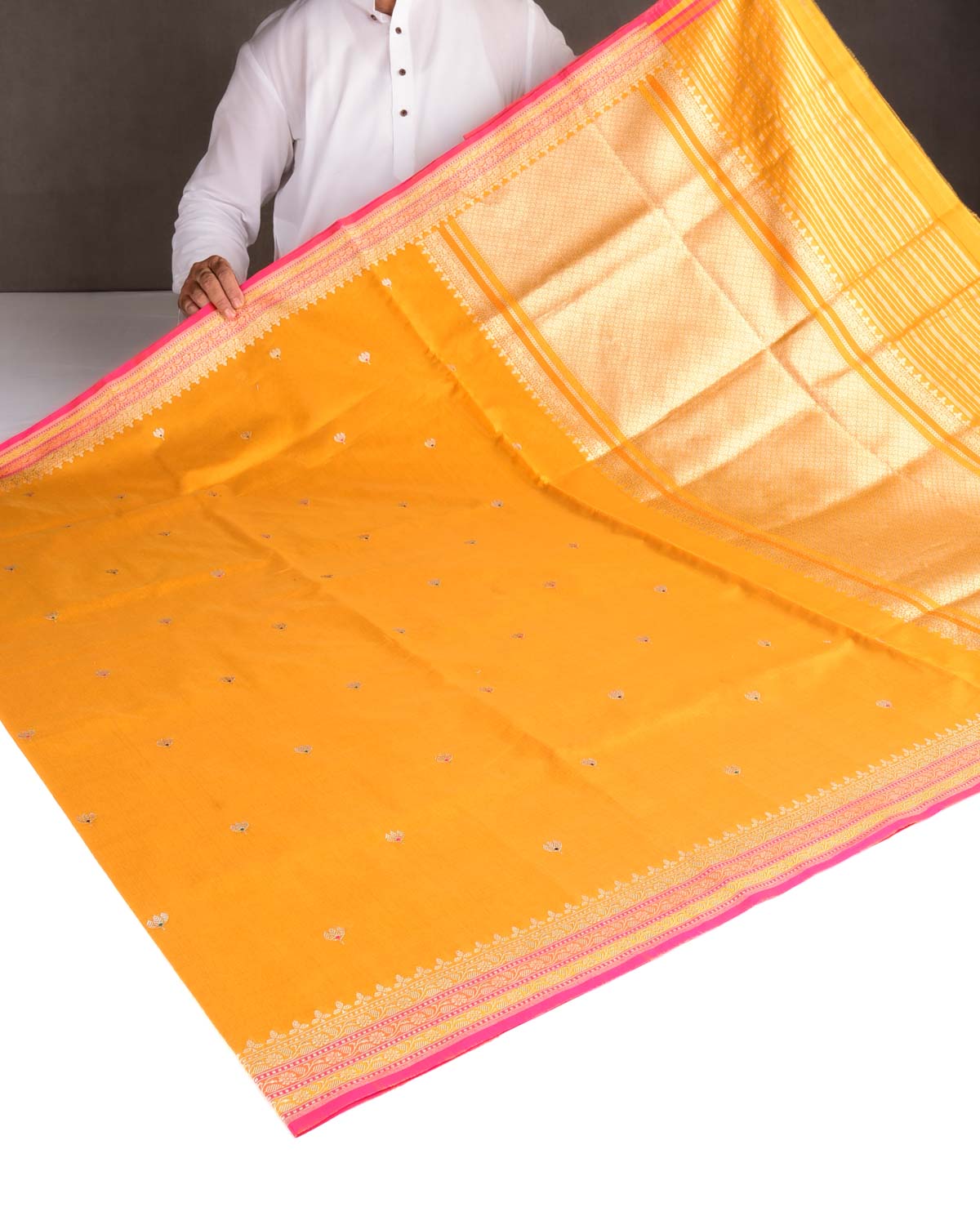 Mustard Yellow Gold Zari & Resham Buti Kadhuan Brocade Handwoven Cotton Silk Banarasi Saree
