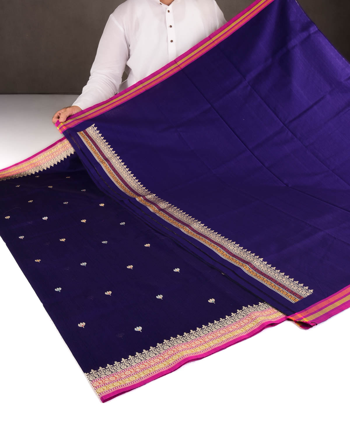Purple Gold & Silver Zari & Resham Kamal Buti Kadhuan Brocade Handwoven Cotton Silk Banarasi Saree