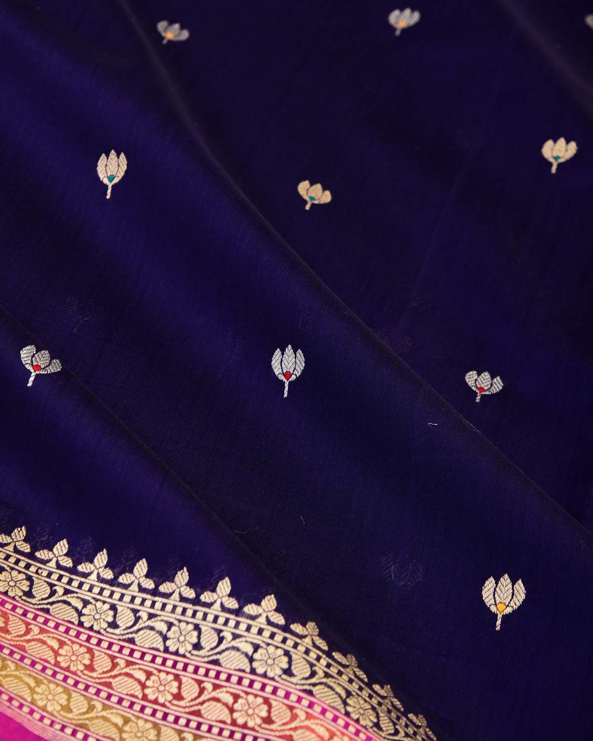 Purple Gold & Silver Zari & Resham Kamal Buti Kadhuan Brocade Handwoven Cotton Silk Banarasi Saree