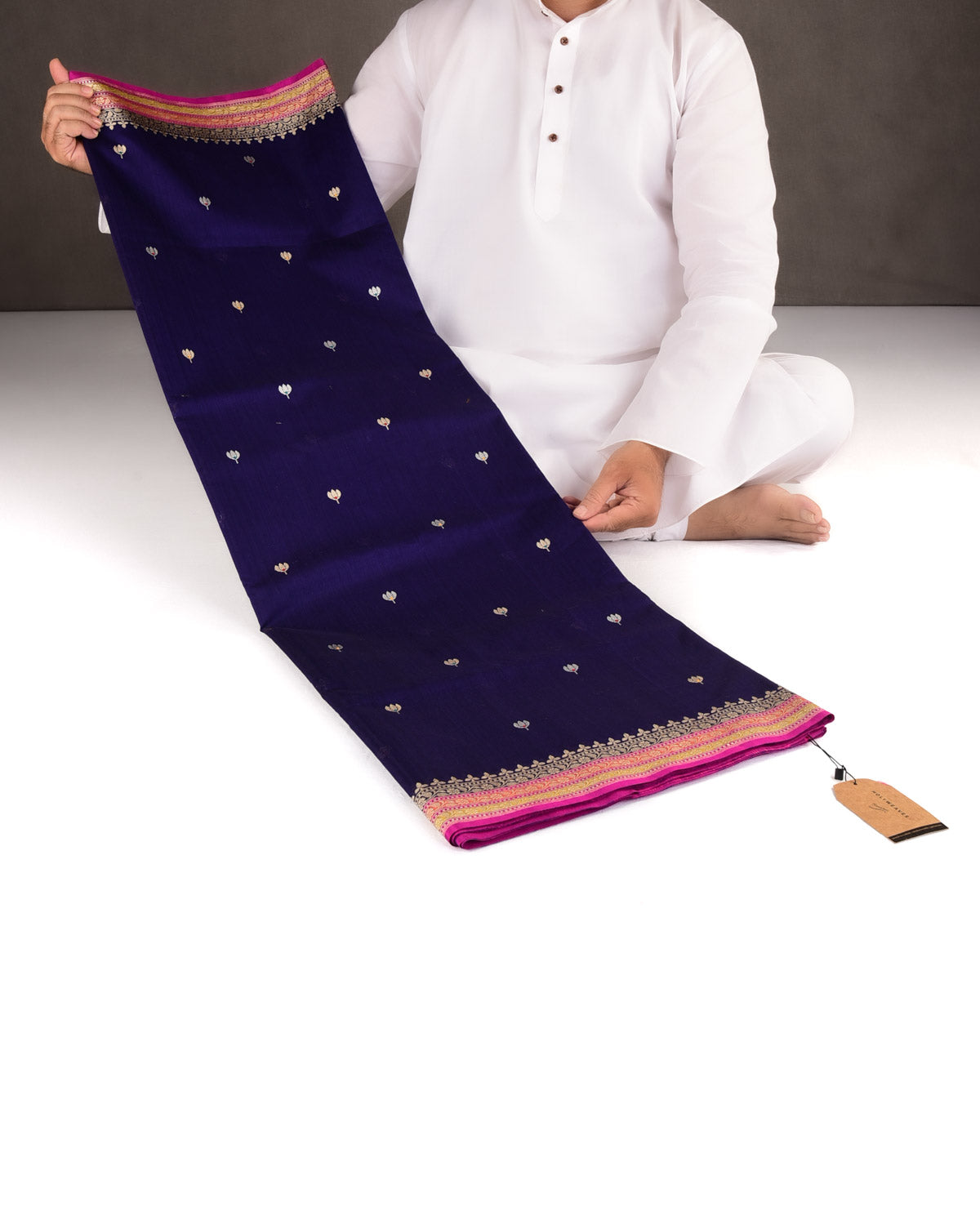 Purple Gold & Silver Zari & Resham Kamal Buti Kadhuan Brocade Handwoven Cotton Silk Banarasi Saree