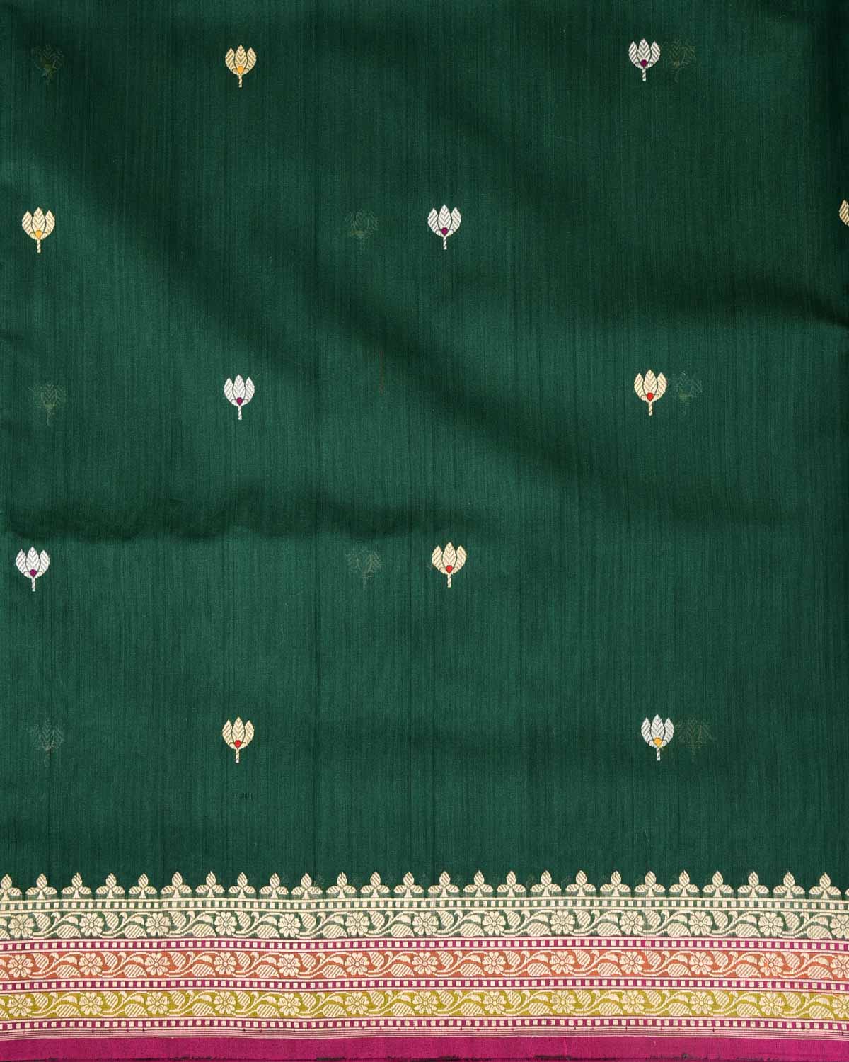 Bottle Green Gold & Silver Zari & Resham Kamal Buti Kadhuan Brocade Handwoven Cotton Silk Banarasi Saree