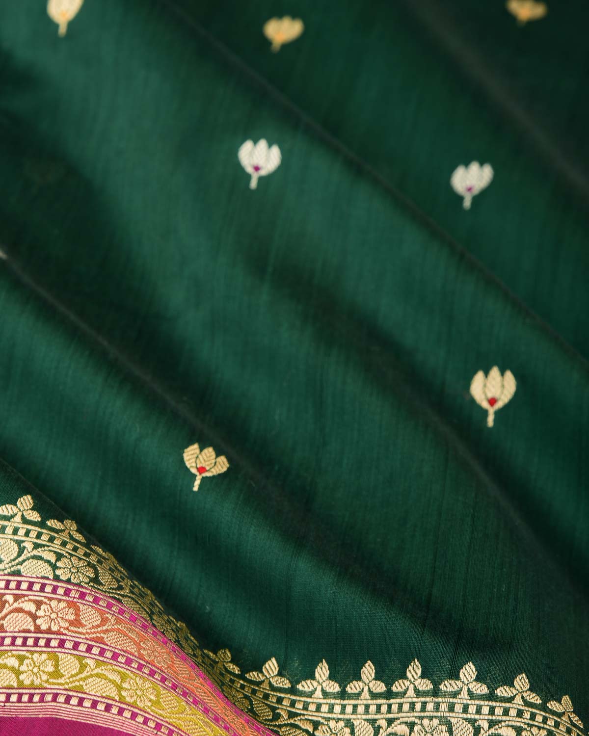 Bottle Green Gold & Silver Zari & Resham Kamal Buti Kadhuan Brocade Handwoven Cotton Silk Banarasi Saree