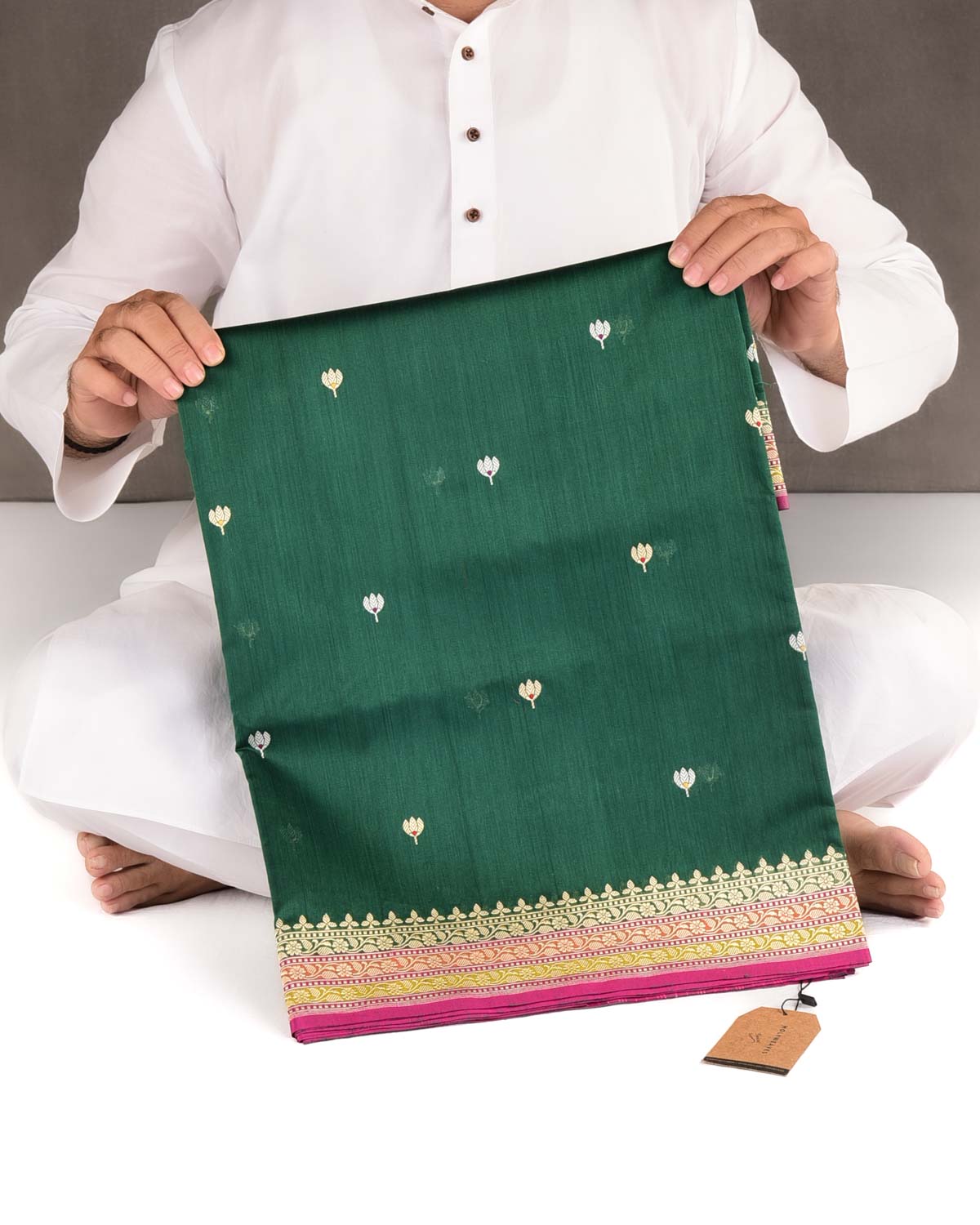 Bottle Green Gold & Silver Zari & Resham Kamal Buti Kadhuan Brocade Handwoven Cotton Silk Banarasi Saree