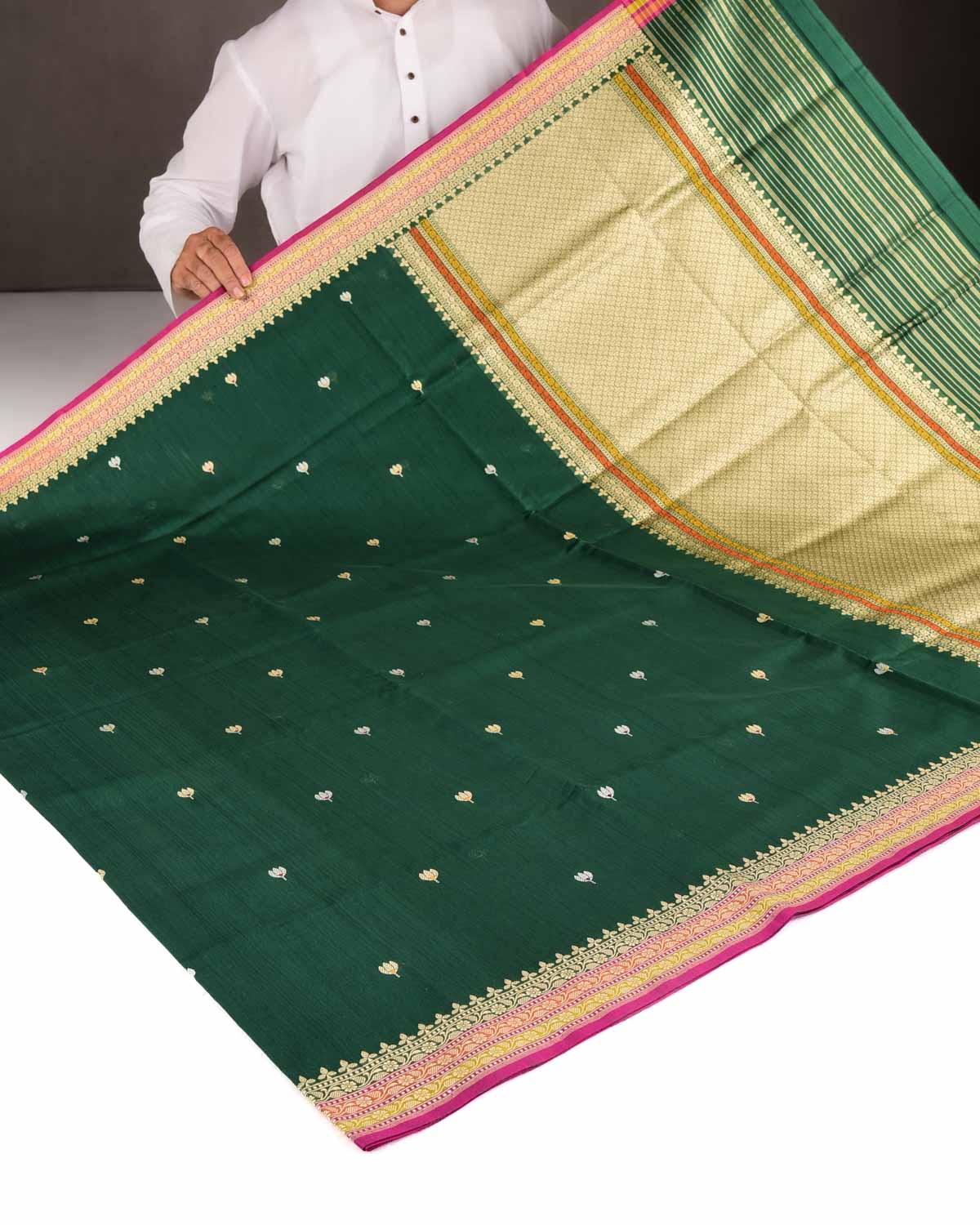 Bottle Green Gold & Silver Zari & Resham Kamal Buti Kadhuan Brocade Handwoven Cotton Silk Banarasi Saree