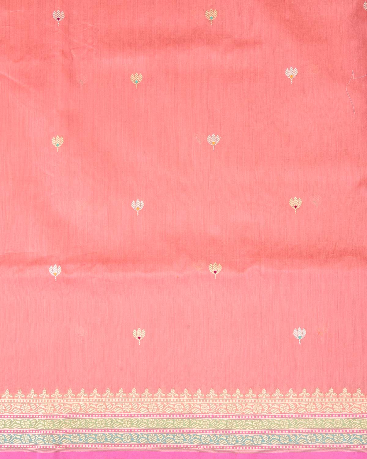 Peach Gold & Silver Zari & Resham Kamal Buti Kadhuan Brocade Handwoven Cotton Silk Banarasi Saree