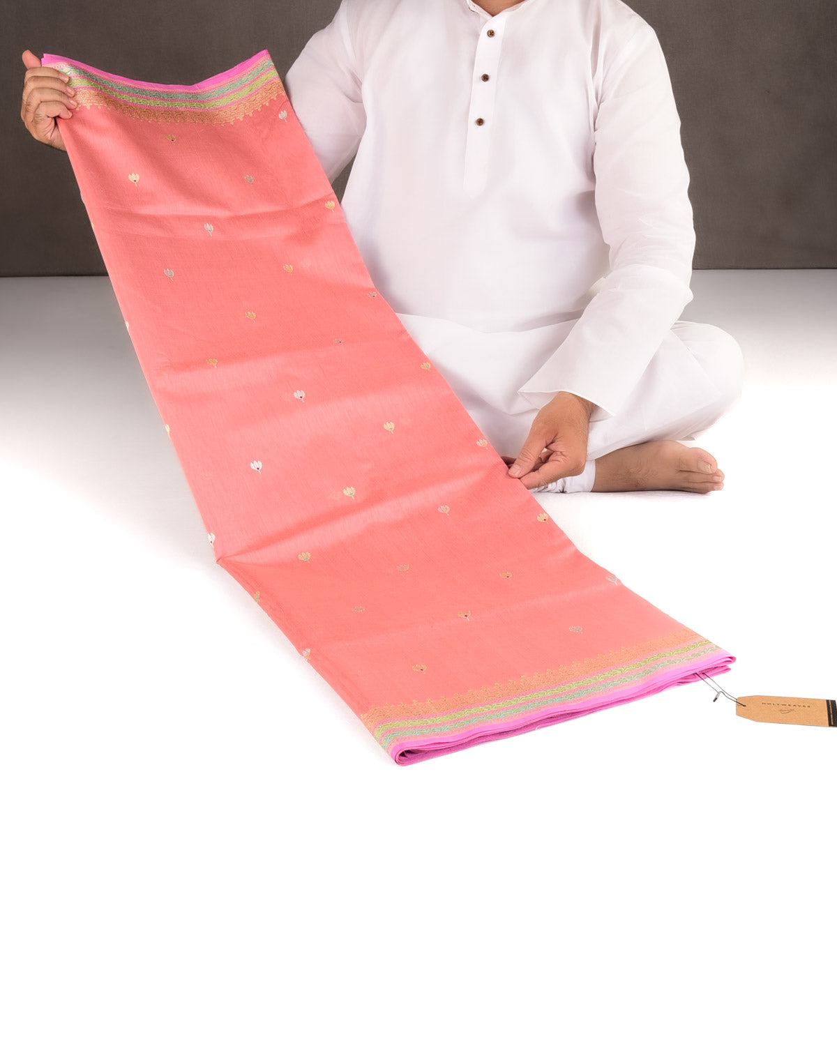 Peach Gold & Silver Zari & Resham Kamal Buti Kadhuan Brocade Handwoven Cotton Silk Banarasi Saree