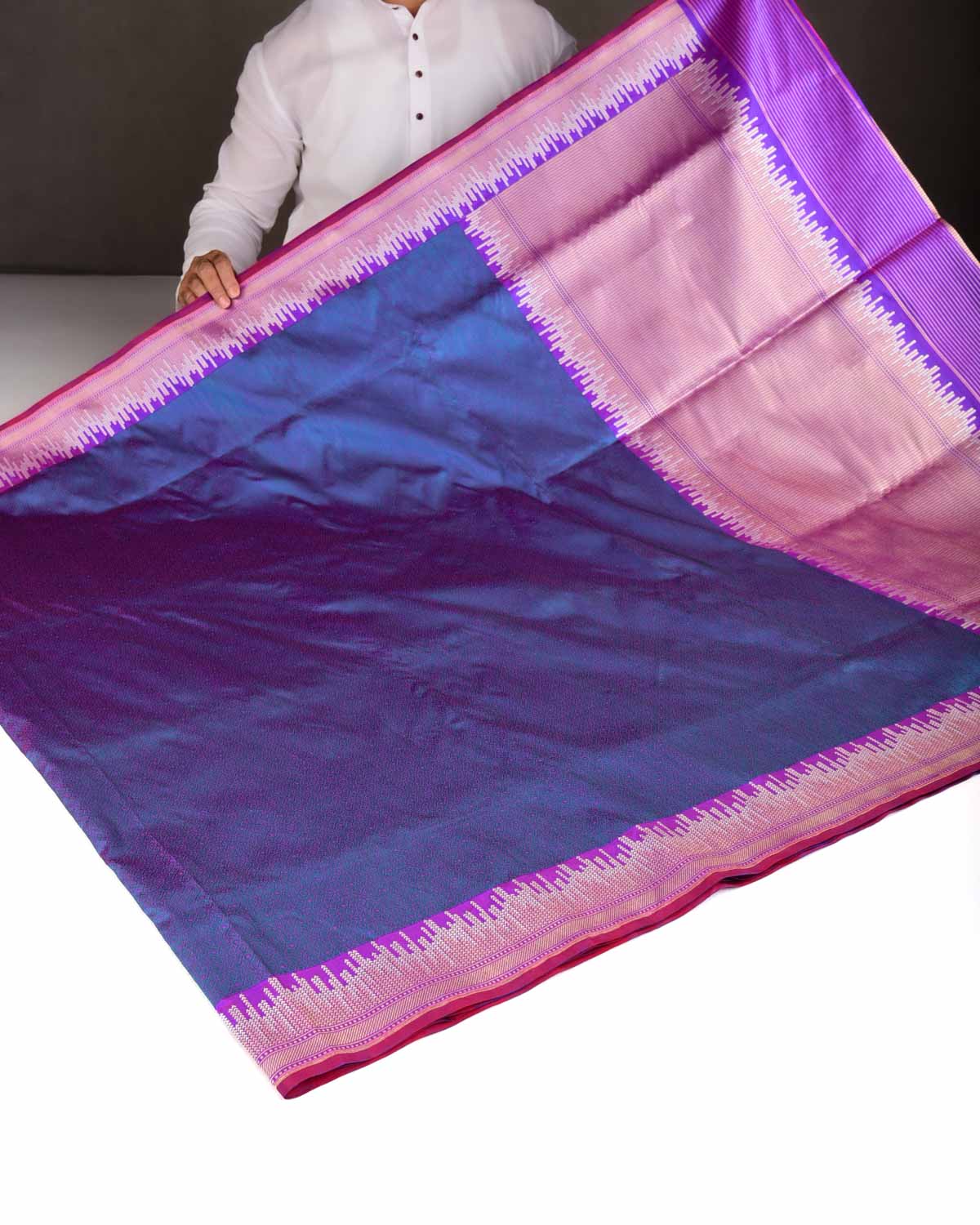 Shot Pink-Blue Mosaic Kadhuan Brocade Handwoven Katan Silk Banarasi Saree-HolyWeaves