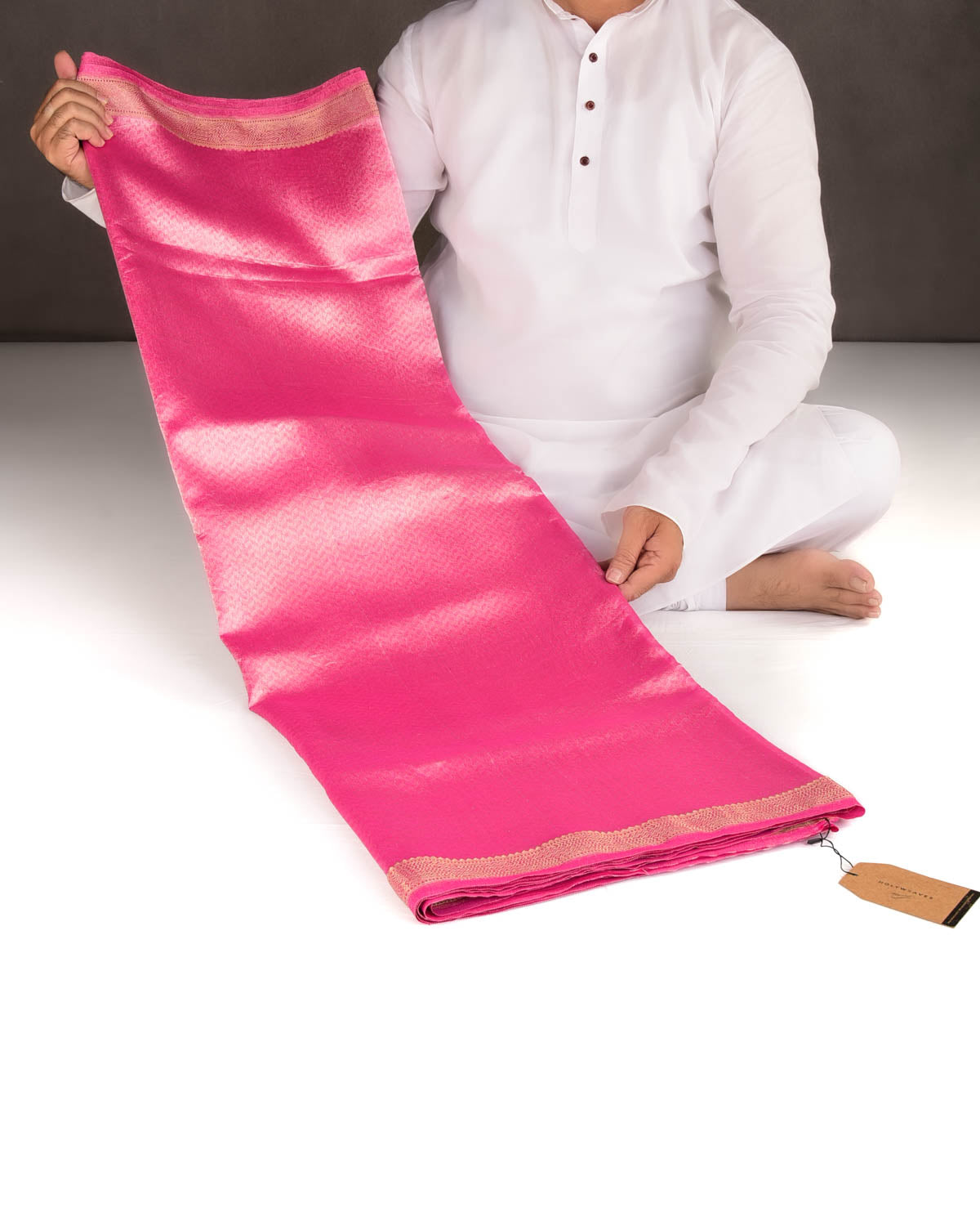 Metallic Pink Silver Zari Herringbone WATERMARK Brocade Handwoven Kora Tissue Banarasi Saree-HolyWeaves