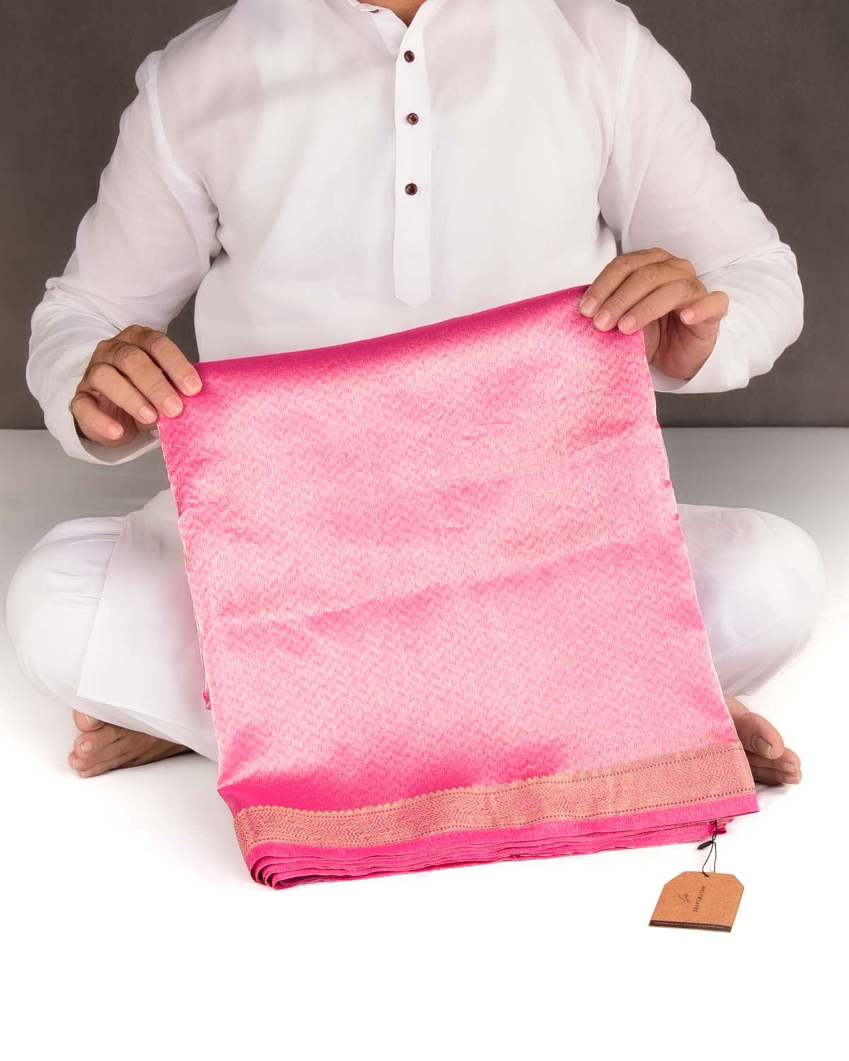 Metallic Pink Silver Zari Herringbone WATERMARK Brocade Handwoven Kora Tissue Banarasi Saree-HolyWeaves