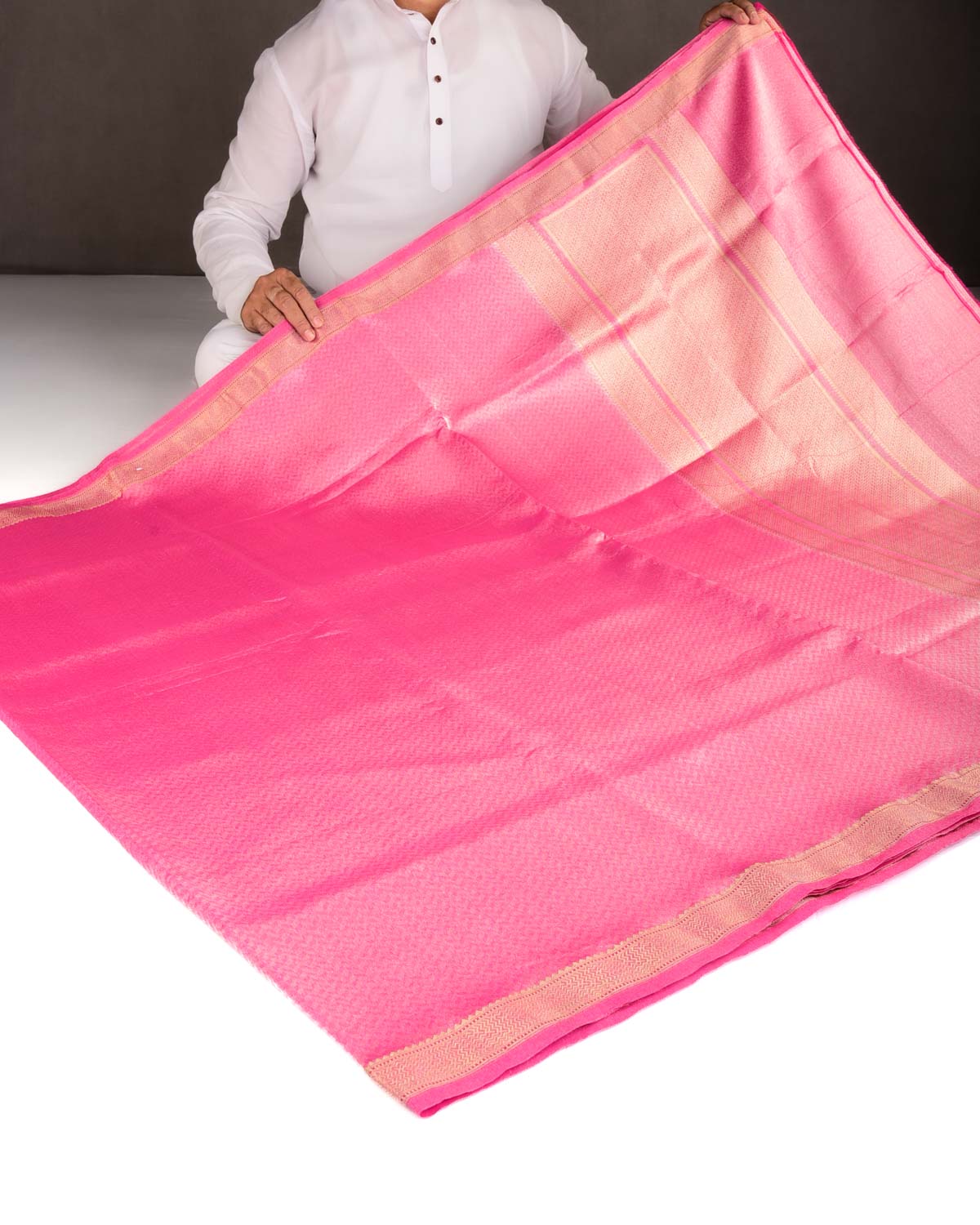 Metallic Pink Silver Zari Herringbone WATERMARK Brocade Handwoven Kora Tissue Banarasi Saree-HolyWeaves