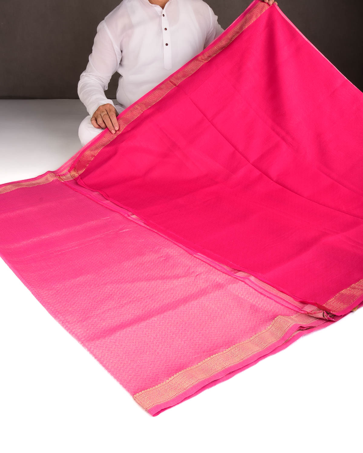 Metallic Pink Silver Zari Herringbone WATERMARK Brocade Handwoven Kora Tissue Banarasi Saree-HolyWeaves