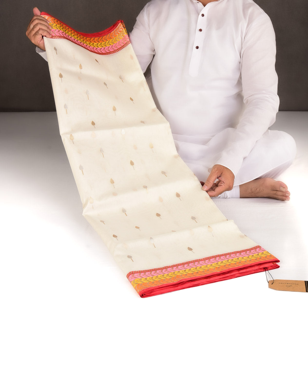 Ivory White Gold & Silver Zari Leaf Buti Kadhuan Brocade Handwoven Kora Silk Banarasi Saree with Multi-color Border Pallu-HolyWeaves