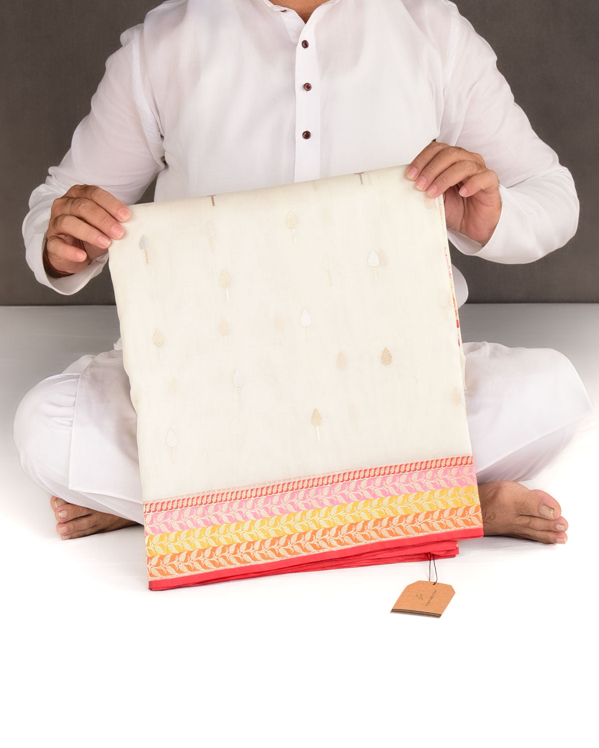 Ivory White Gold & Silver Zari Leaf Buti Kadhuan Brocade Handwoven Kora Silk Banarasi Saree with Multi-color Border Pallu-HolyWeaves