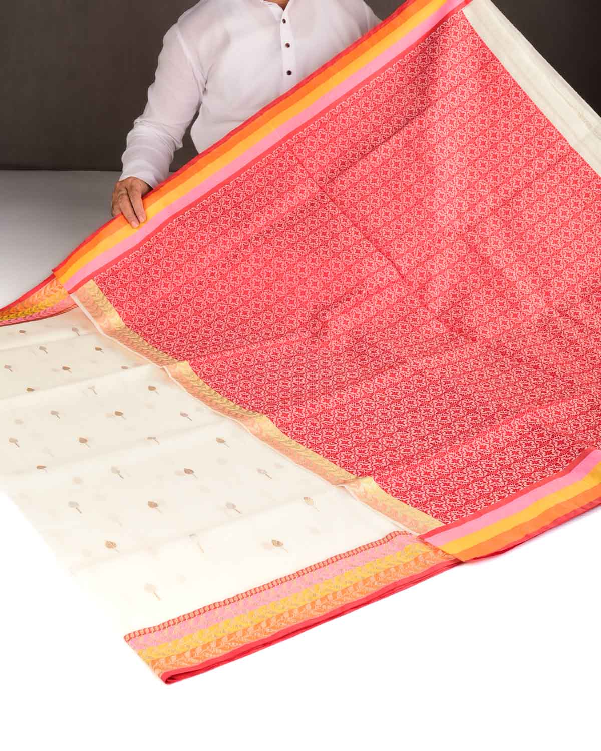 Ivory White Gold & Silver Zari Leaf Buti Kadhuan Brocade Handwoven Kora Silk Banarasi Saree with Multi-color Border Pallu-HolyWeaves