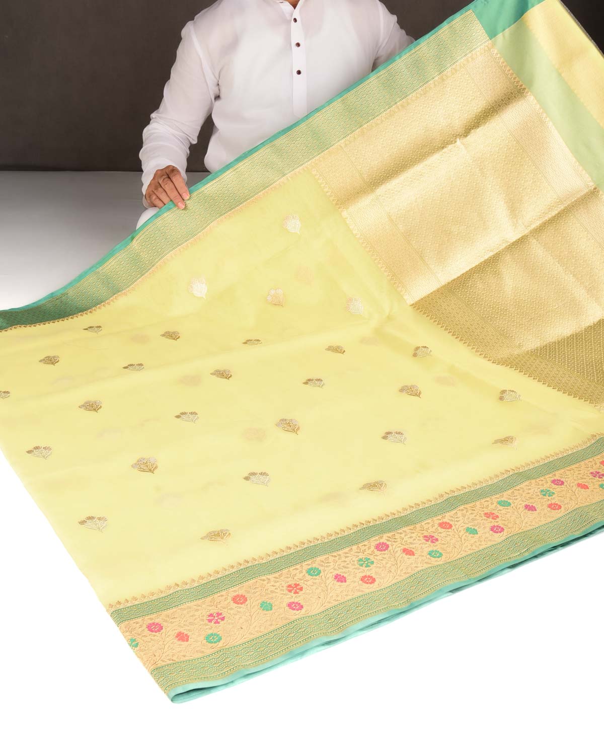 Lemon Yellow Gold & Silver Zari Buti Kadhuan Brocade Handwoven Kora Silk Banarasi Saree with Meenekari Border Pallu-HolyWeaves