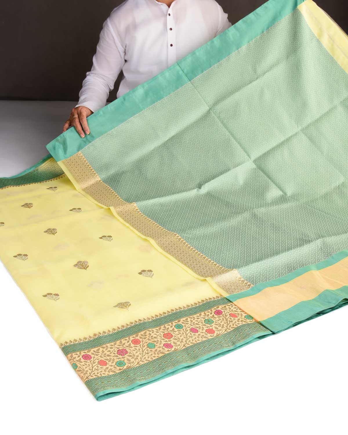 Lemon Yellow Gold & Silver Zari Buti Kadhuan Brocade Handwoven Kora Silk Banarasi Saree with Meenekari Border Pallu-HolyWeaves