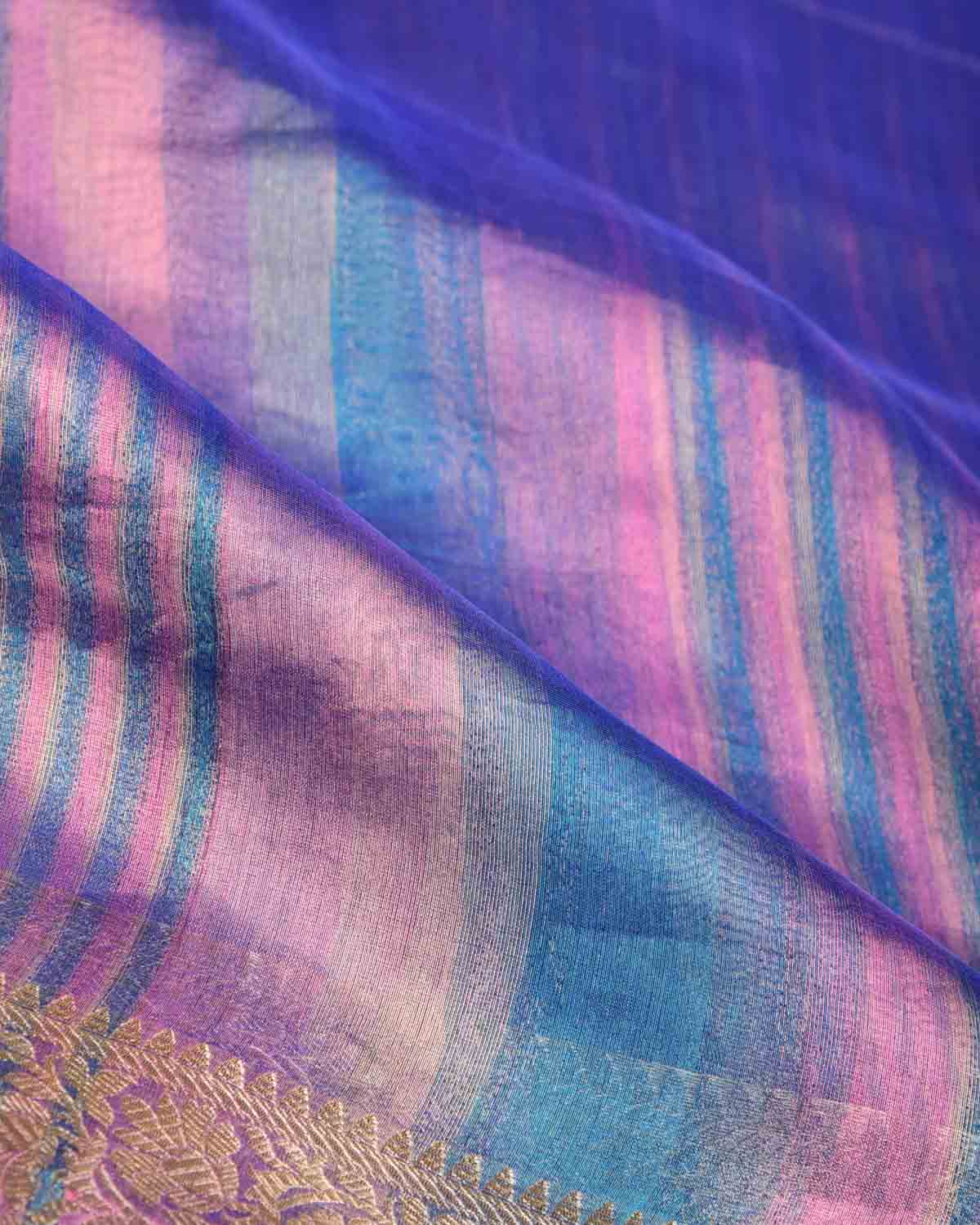 Variegated Metallic Blue Zari Brocade Woven Kora Tissue Saree-HolyWeaves