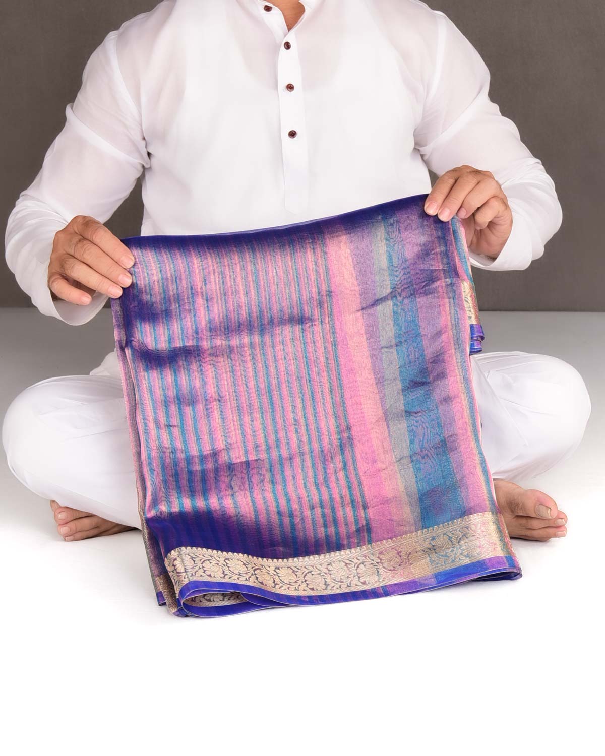 Variegated Metallic Blue Zari Brocade Woven Kora Tissue Saree-HolyWeaves