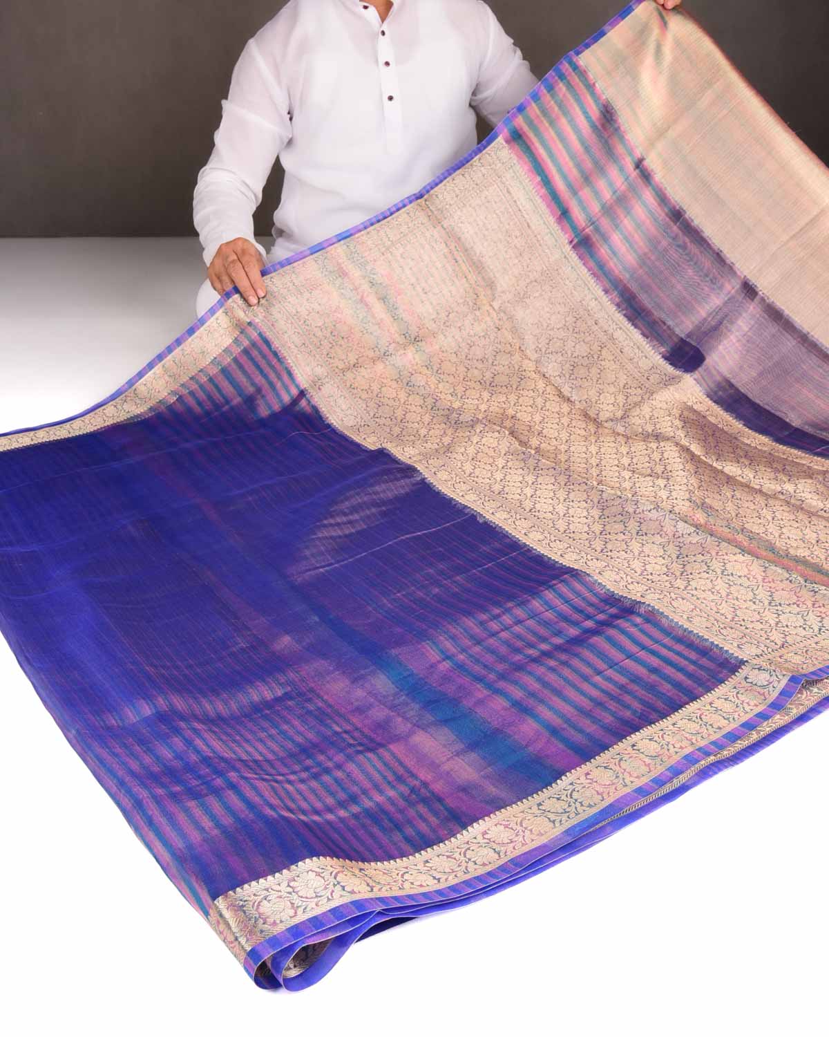 Variegated Metallic Blue Zari Brocade Woven Kora Tissue Saree-HolyWeaves