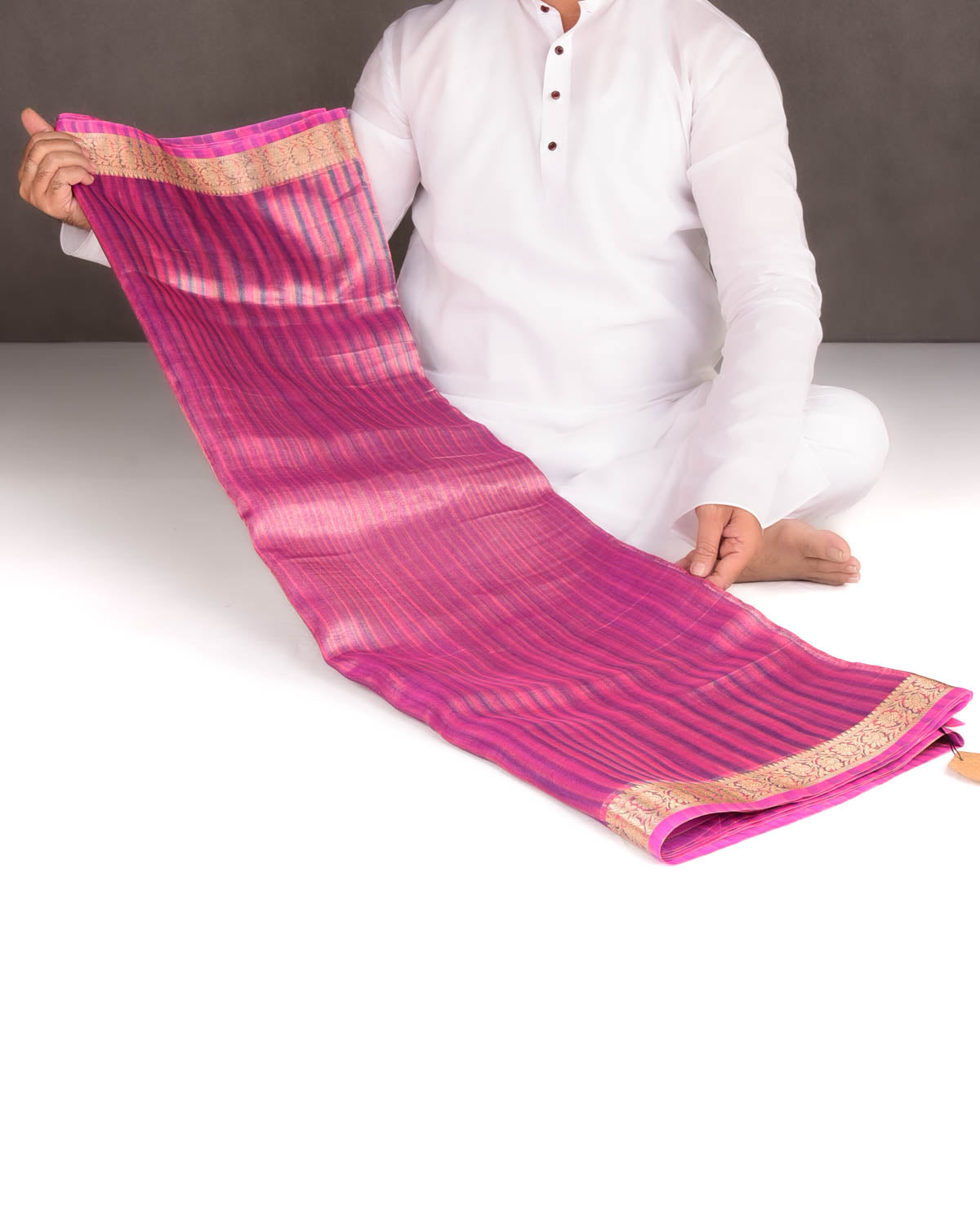 Variegated Metallic Pink Zari Brocade Woven Kora Tissue Saree-HolyWeaves
