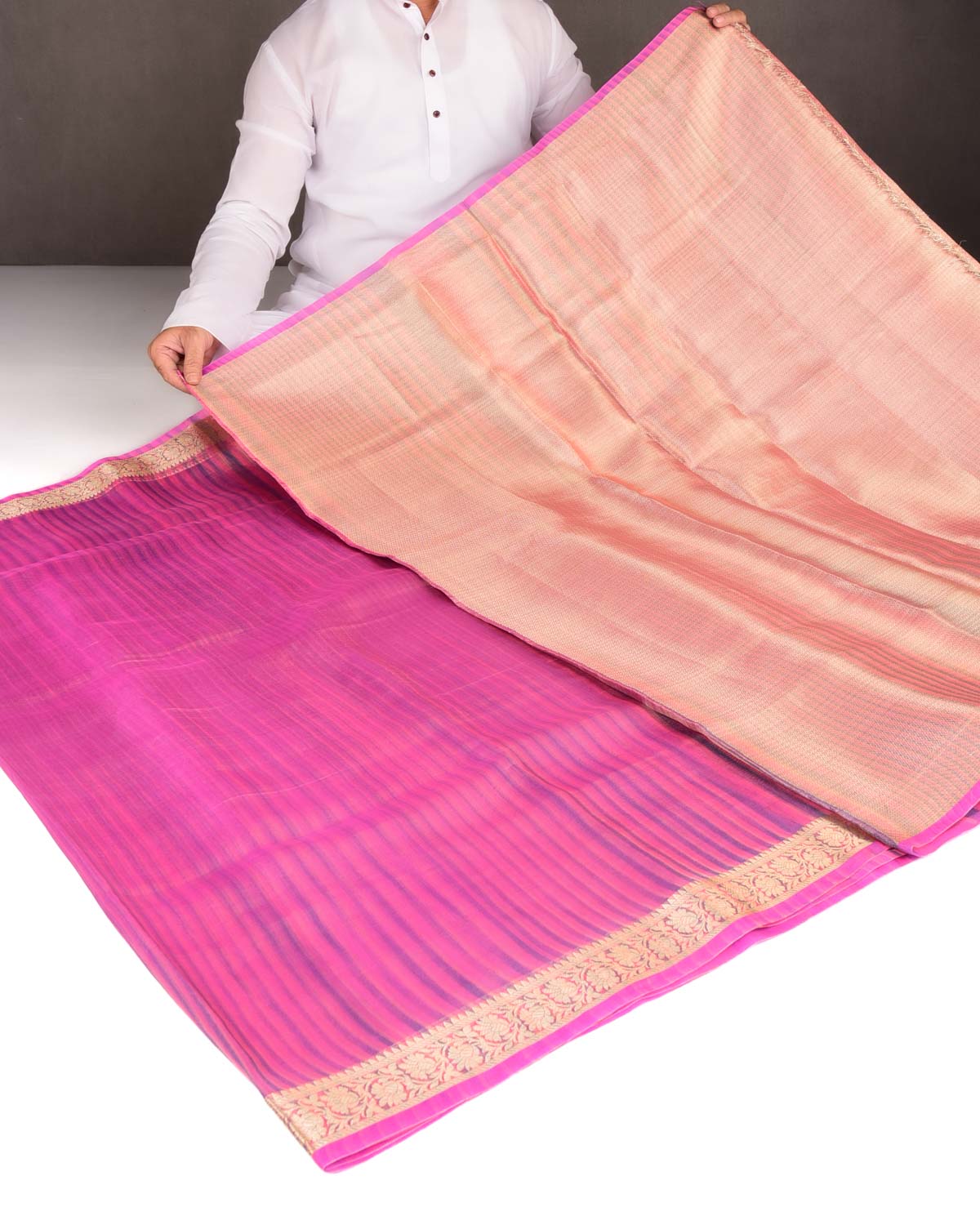 Variegated Metallic Pink Zari Brocade Woven Kora Tissue Saree-HolyWeaves