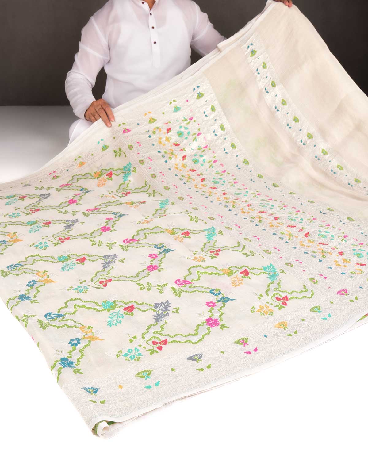 Beige Silver Zari & Resham Floral Jaal Cutwork Brocade Handwoven Tasar Georgette Banarasi Saree-HolyWeaves