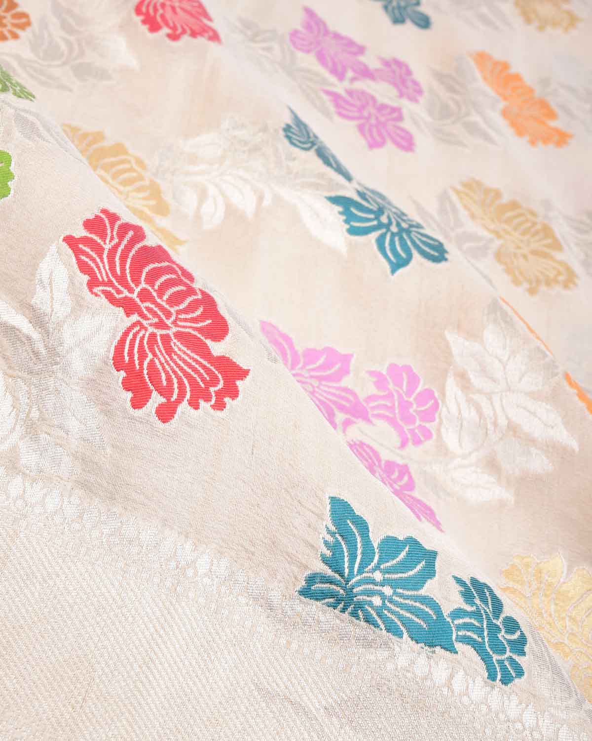 Beige Silver Zari & Resham Floral Jaal Cutwork Brocade Handwoven Tasar Georgette Banarasi Saree-HolyWeaves