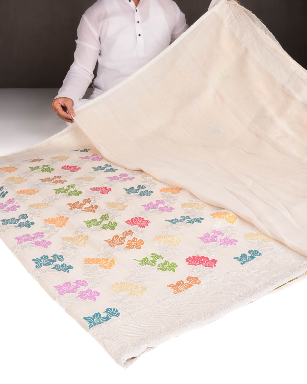 Beige Silver Zari & Resham Floral Jaal Cutwork Brocade Handwoven Tasar Georgette Banarasi Saree-HolyWeaves