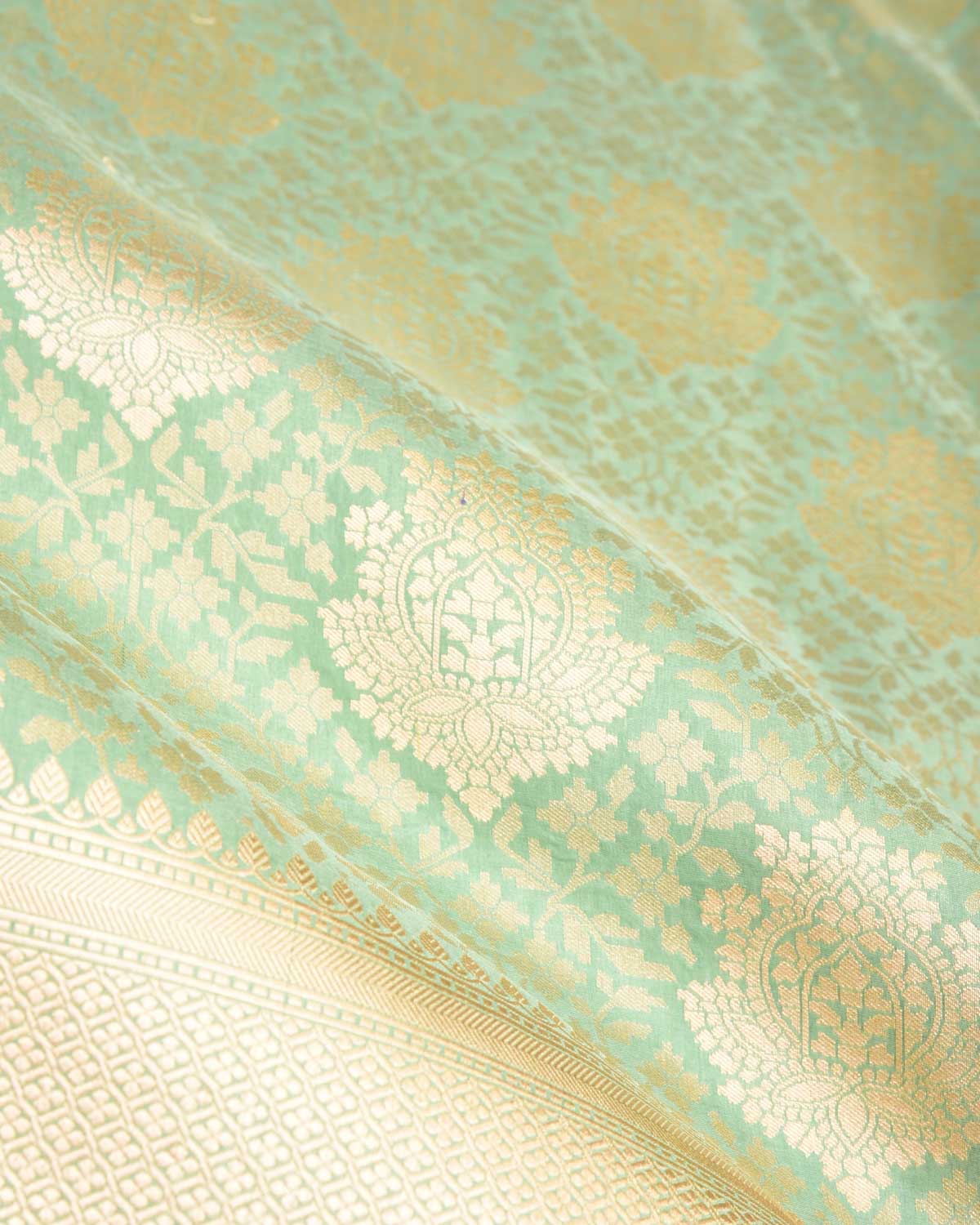 Earthy Green Dual Tone Gold Zari Damask Jaal Cutwork Brocade Handwoven Katan Silk Banarasi Saree-HolyWeaves