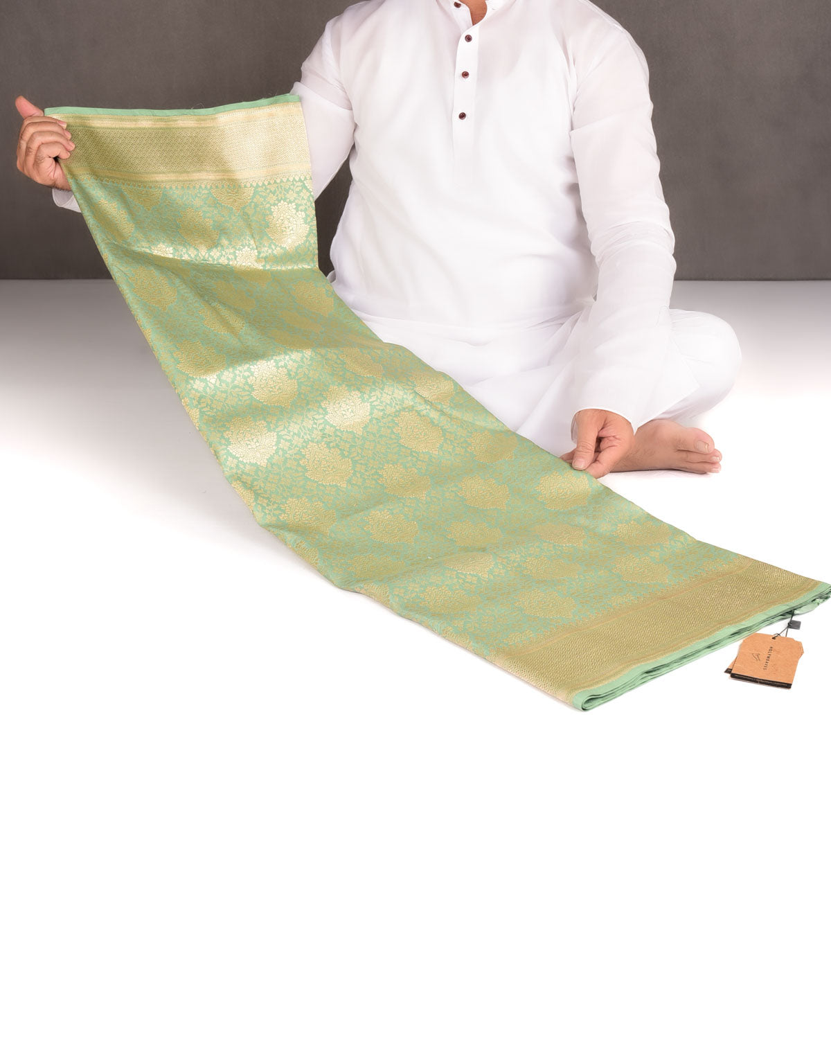 Earthy Green Dual Tone Gold Zari Damask Jaal Cutwork Brocade Handwoven Katan Silk Banarasi Saree-HolyWeaves
