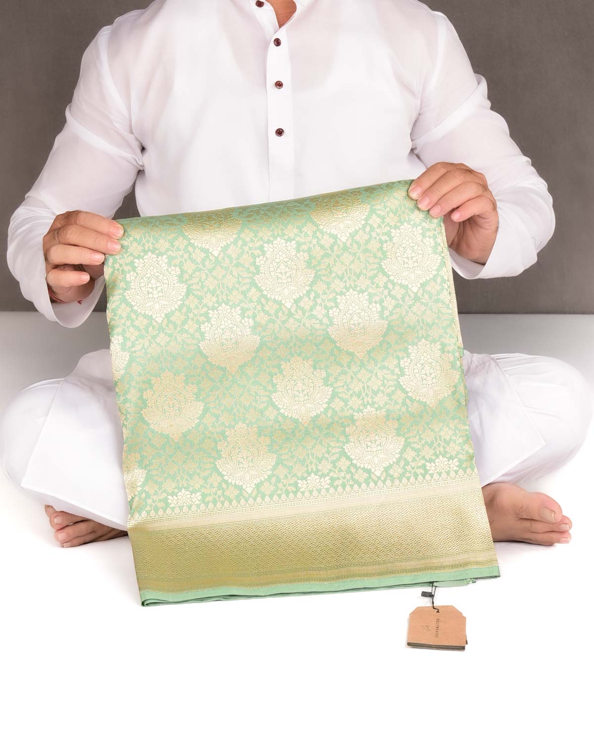 Earthy Green Dual Tone Gold Zari Damask Jaal Cutwork Brocade Handwoven Katan Silk Banarasi Saree-HolyWeaves