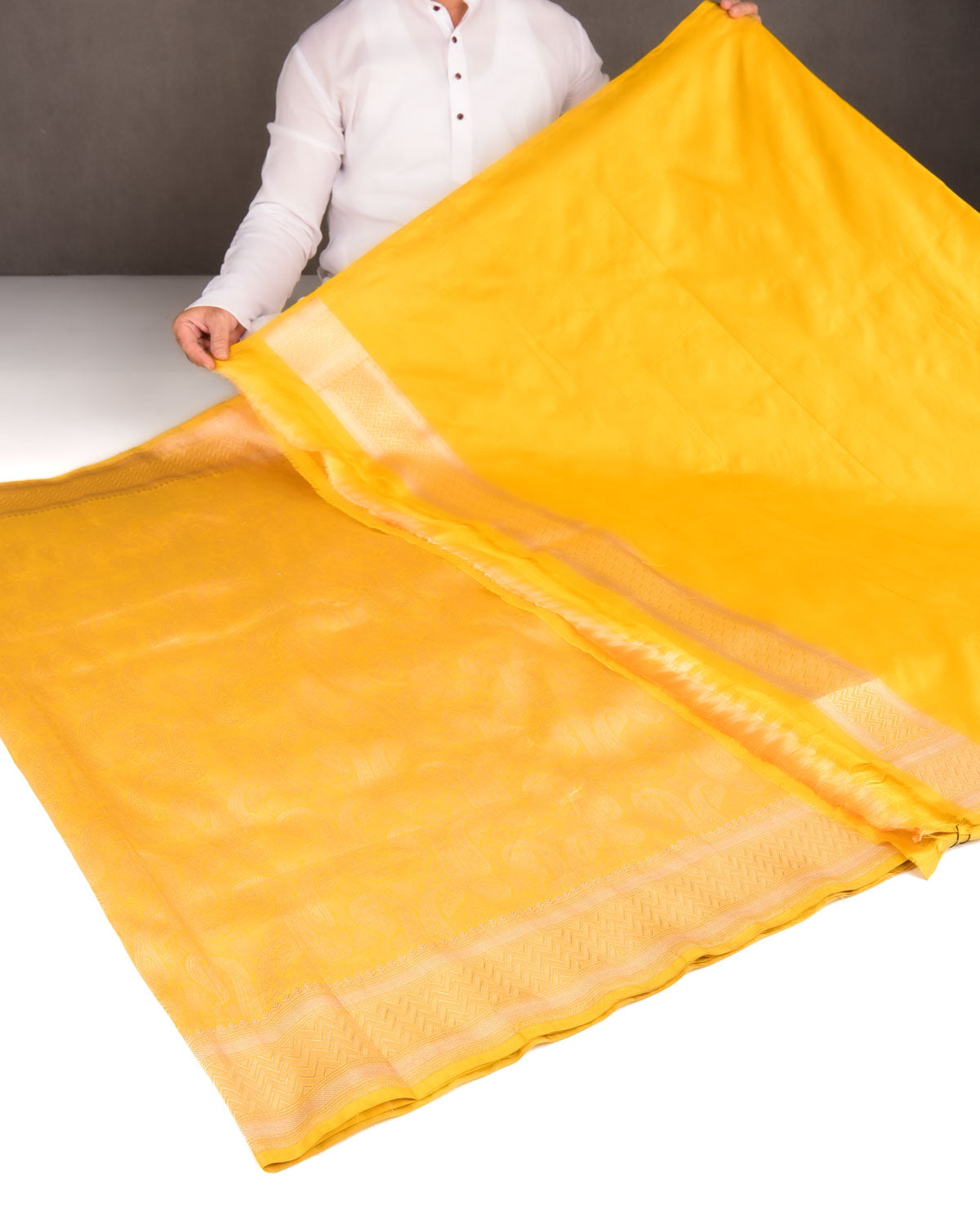 Mustard Yellow Dual Tone Gold Zari Paisley Jaal Cutwork Brocade Handwoven Katan Silk Banarasi Saree-HolyWeaves