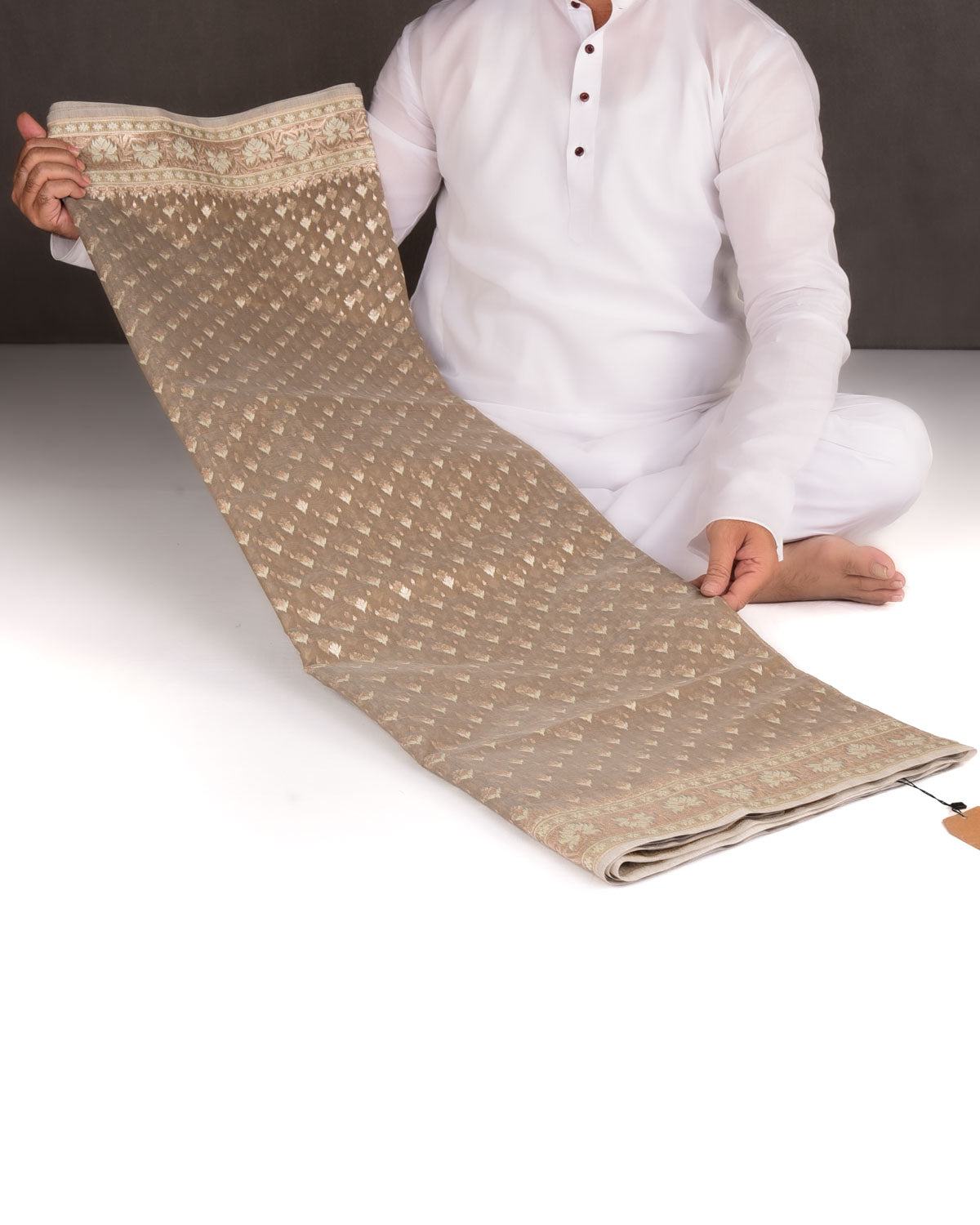 Stone Gray Alfi Buti Cutwork Brocade Woven Cotton Silk Banarasi Saree-HolyWeaves