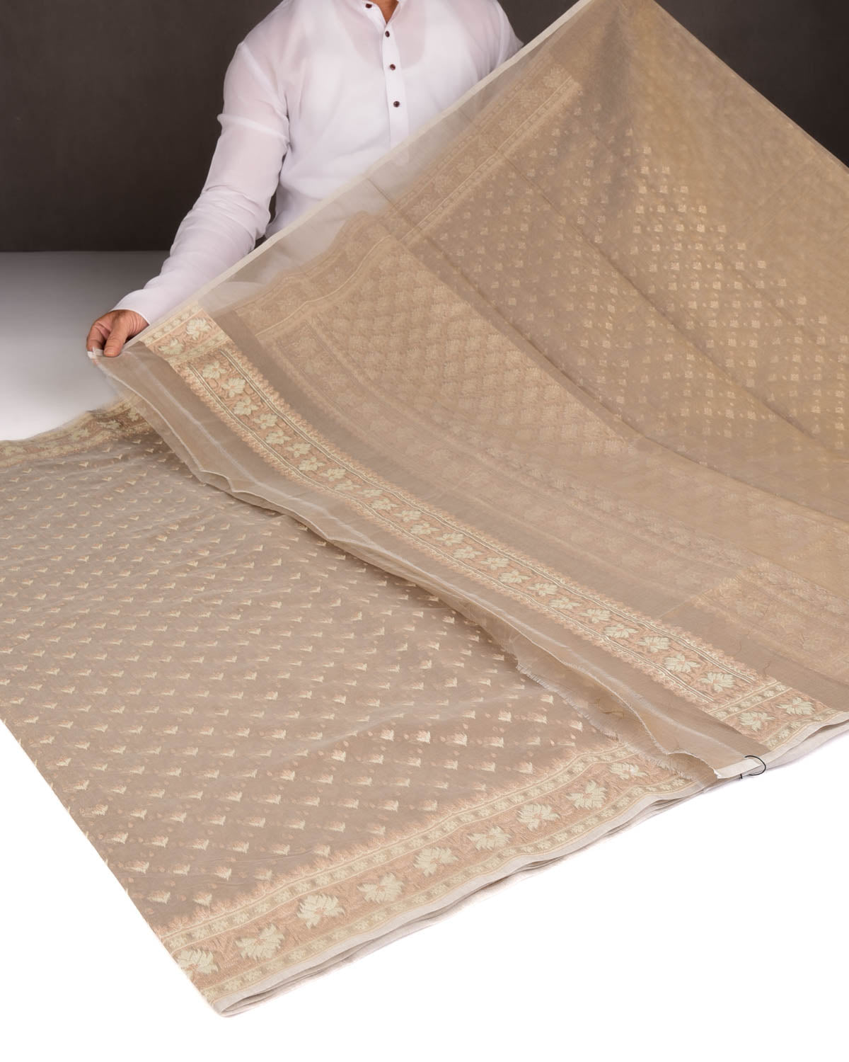 Stone Gray Alfi Buti Cutwork Brocade Woven Cotton Silk Banarasi Saree-HolyWeaves
