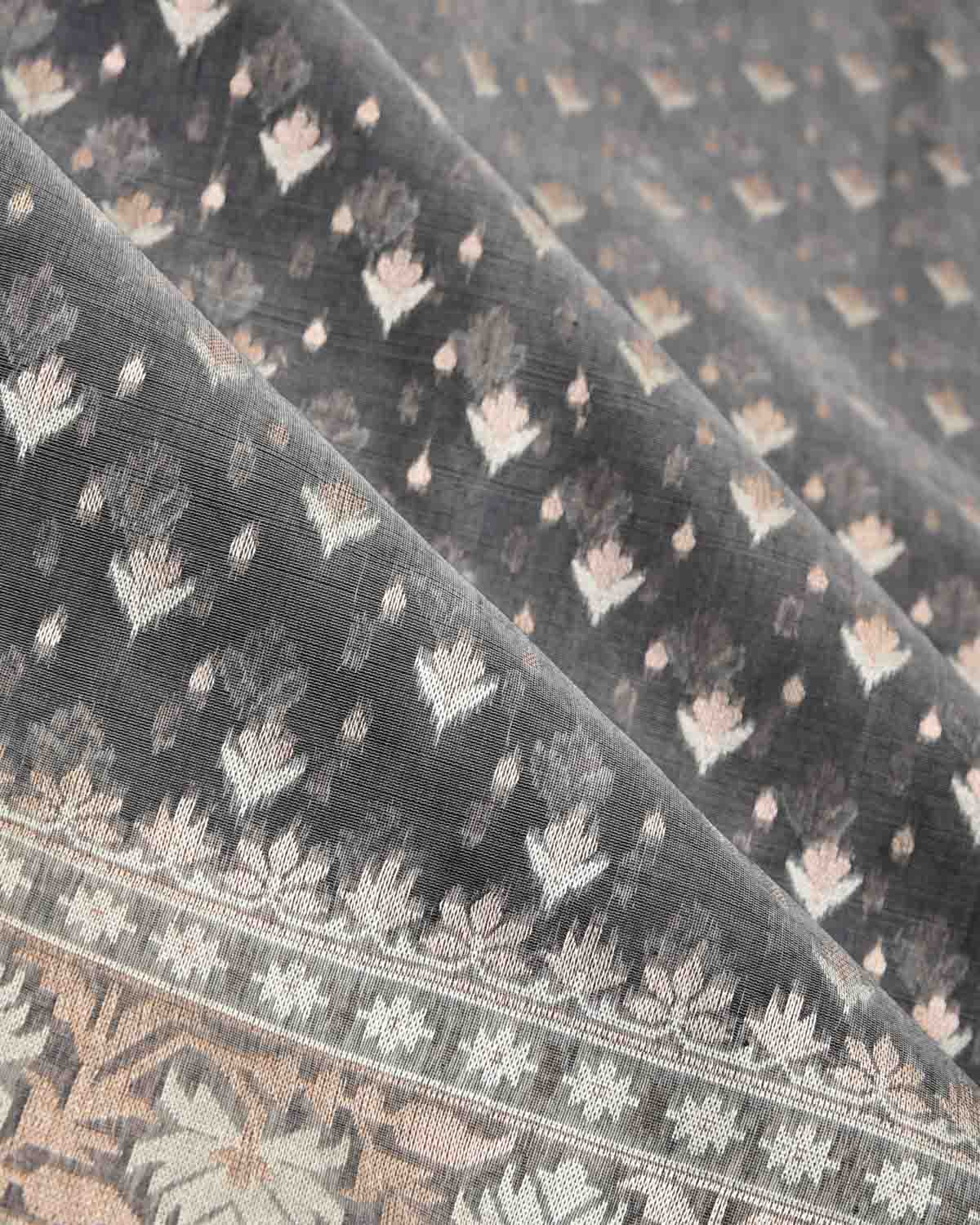 Gunmetal Gray Alfi Buti Cutwork Brocade Woven Cotton Silk Banarasi Saree-HolyWeaves