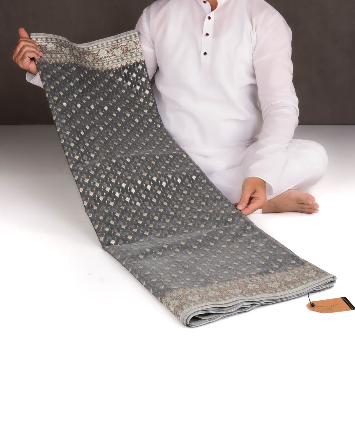 Gunmetal Gray Alfi Buti Cutwork Brocade Woven Cotton Silk Banarasi Saree-HolyWeaves