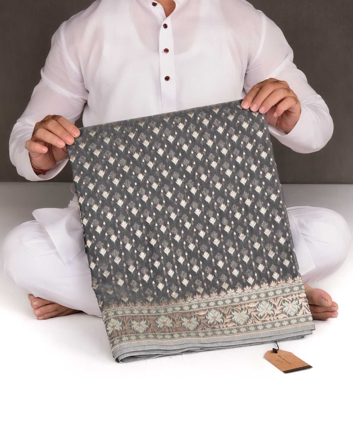 Gunmetal Gray Alfi Buti Cutwork Brocade Woven Cotton Silk Banarasi Saree-HolyWeaves