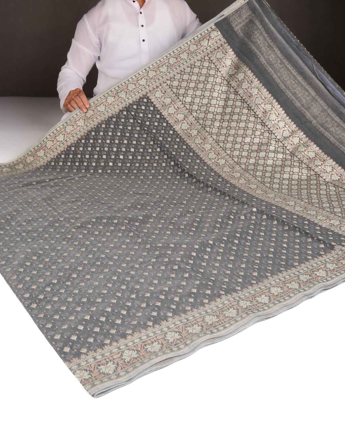 Gunmetal Gray Alfi Buti Cutwork Brocade Woven Cotton Silk Banarasi Saree-HolyWeaves