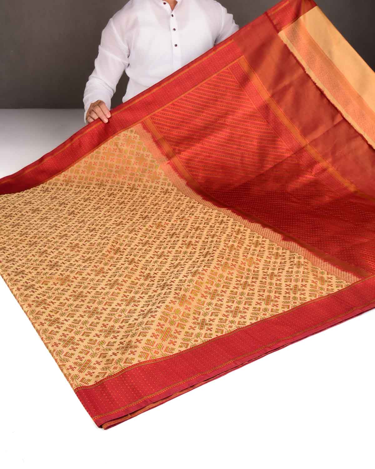Beige Traditional Satin Jamawar Handwoven Katan Silk Banarasi Saree-HolyWeaves