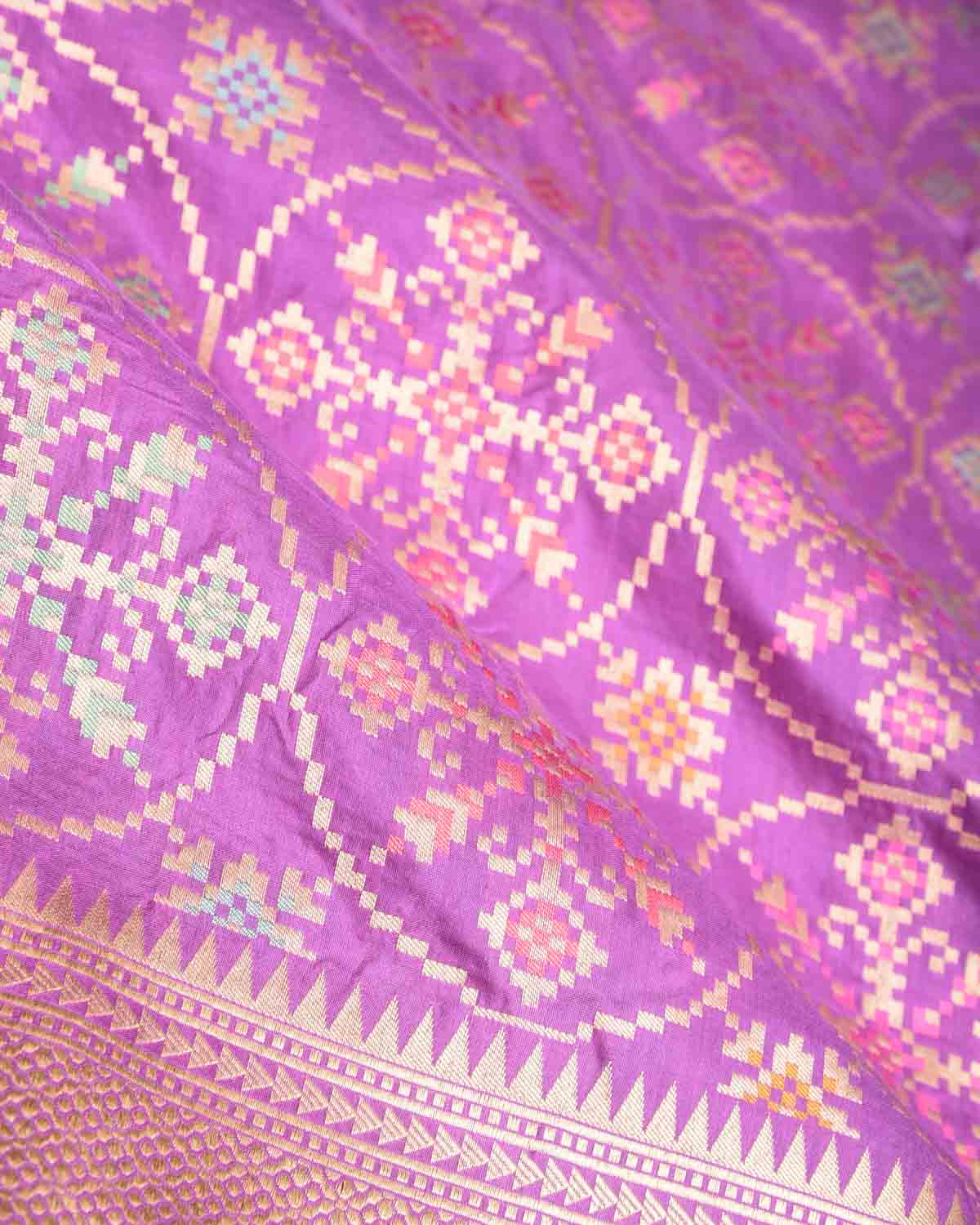 Lilac Tehra Patola Cutwork Brocade Handwoven Katan Silk Banarasi Saree-HolyWeaves
