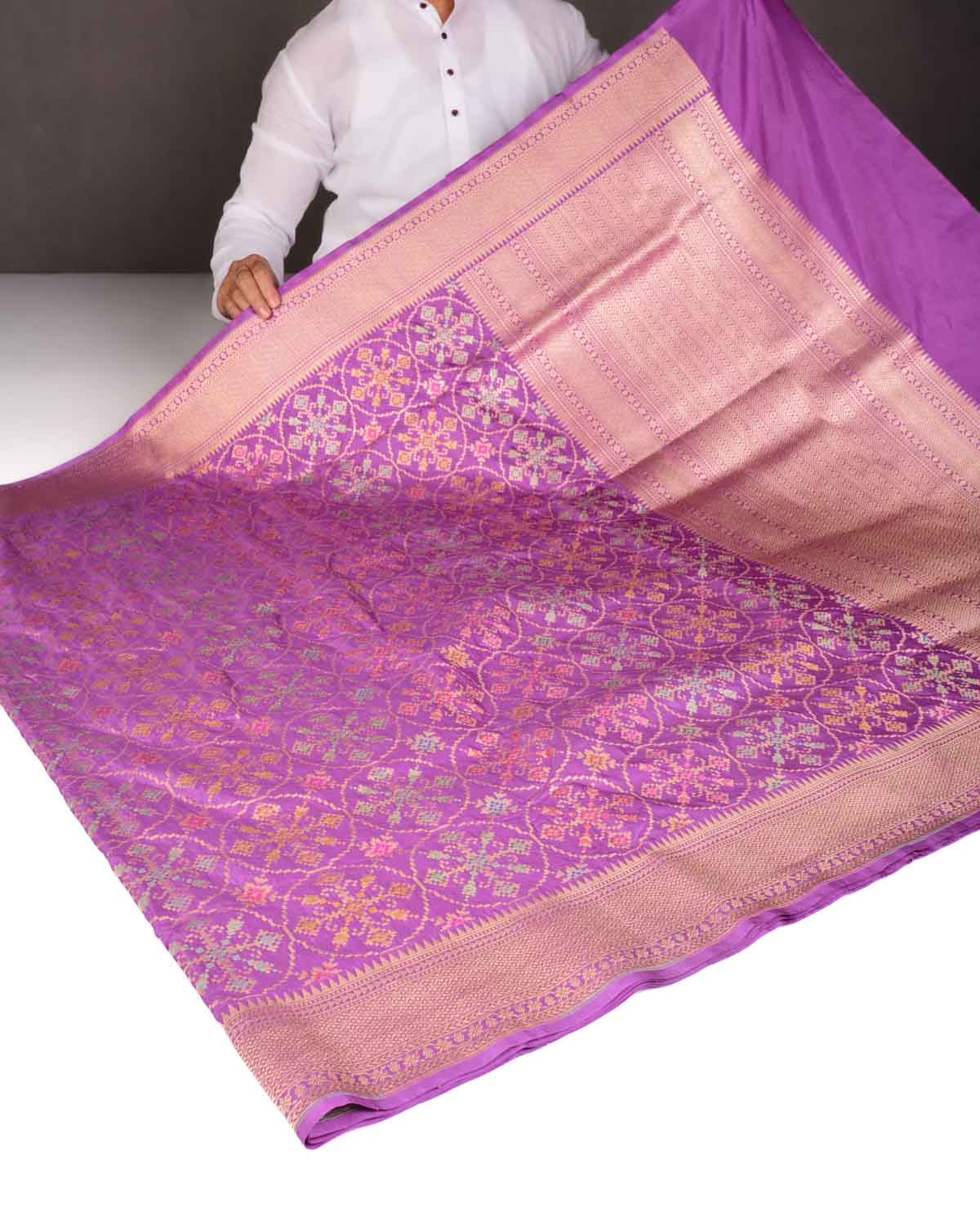 Lilac Tehra Patola Cutwork Brocade Handwoven Katan Silk Banarasi Saree-HolyWeaves