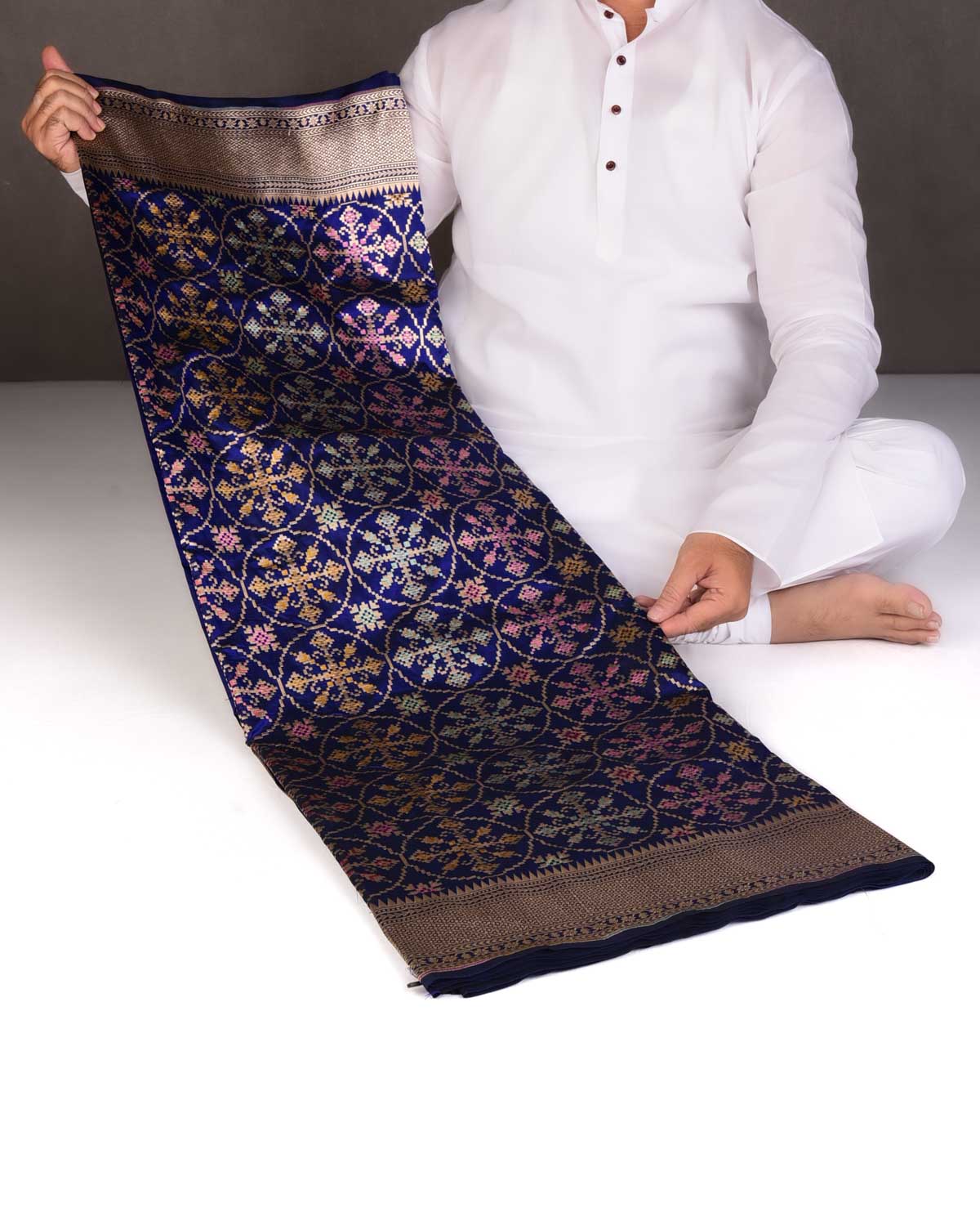 Navy Blue Tehra Patola Cutwork Brocade Handwoven Katan Silk Banarasi Saree-HolyWeaves