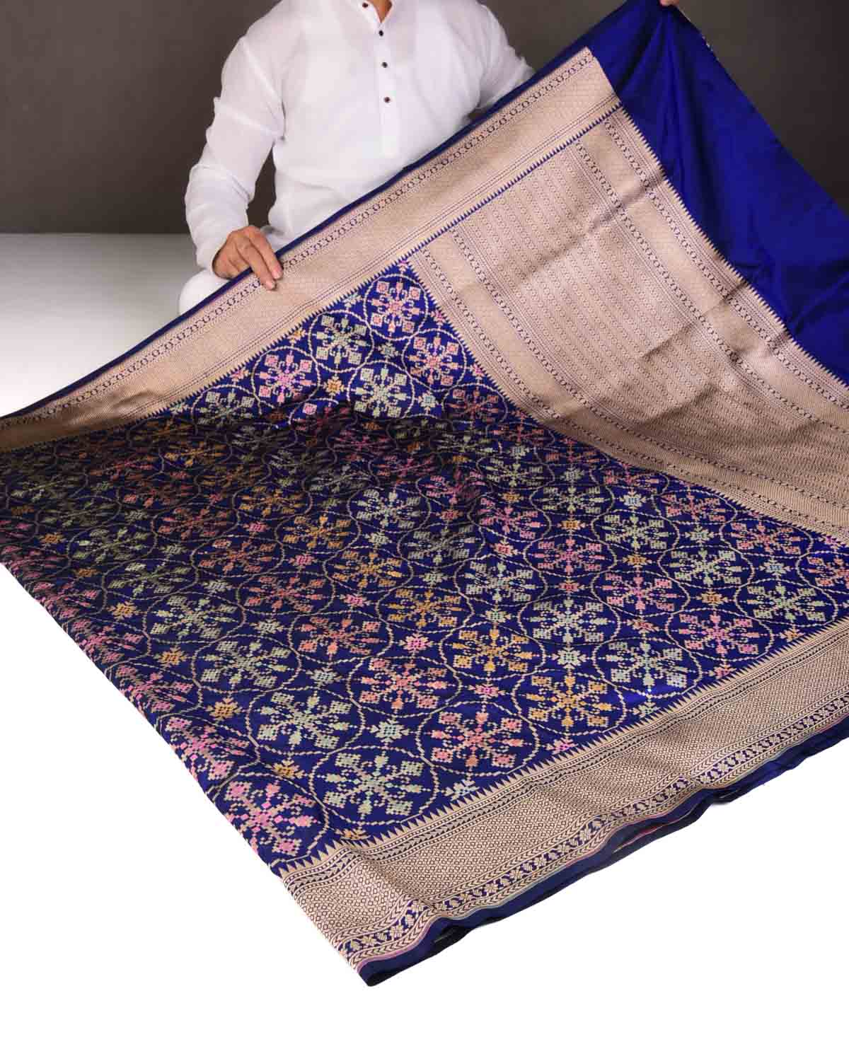 Navy Blue Tehra Patola Cutwork Brocade Handwoven Katan Silk Banarasi Saree-HolyWeaves