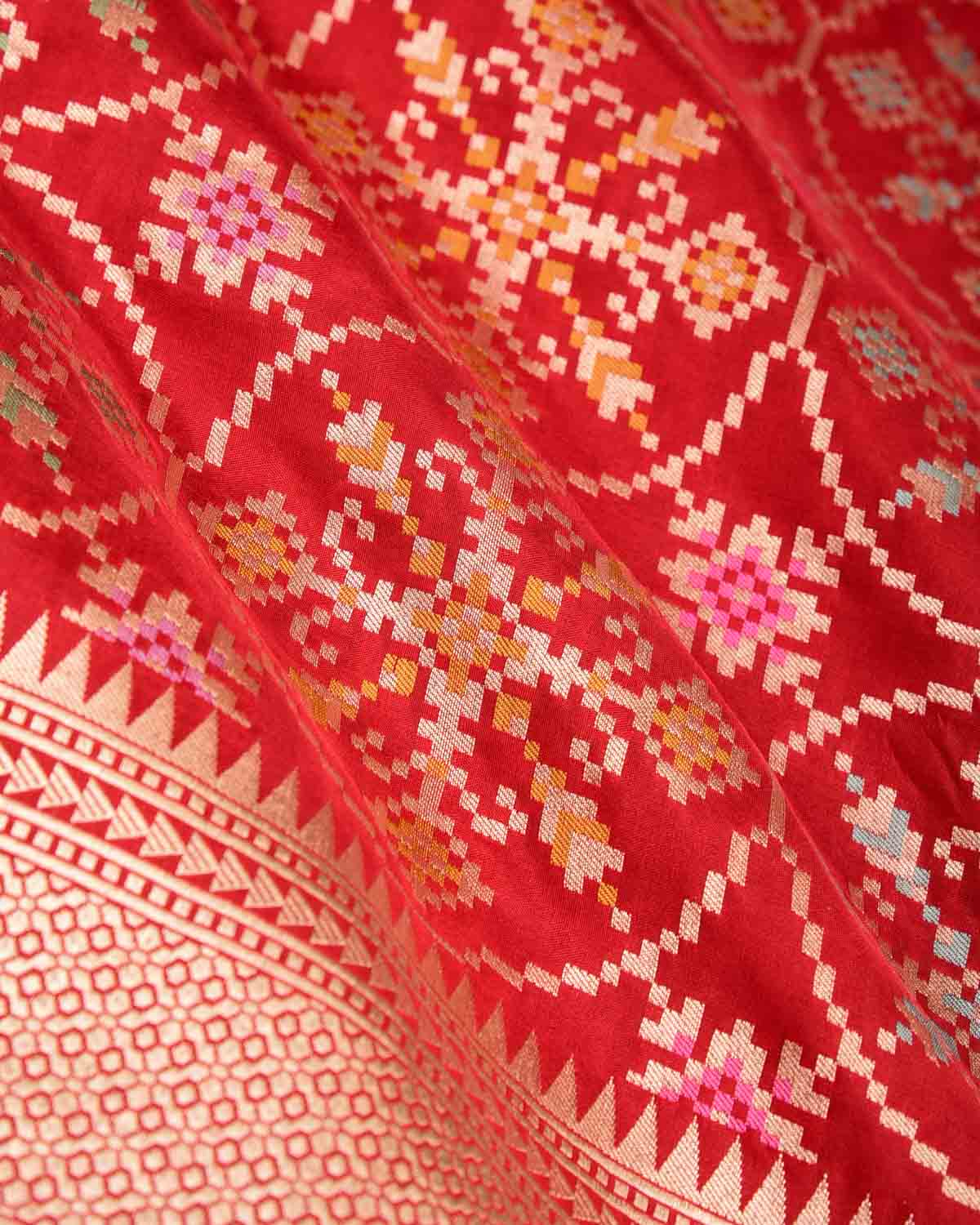 Red Tehra Patola Cutwork Brocade Handwoven Katan Silk Banarasi Saree-HolyWeaves