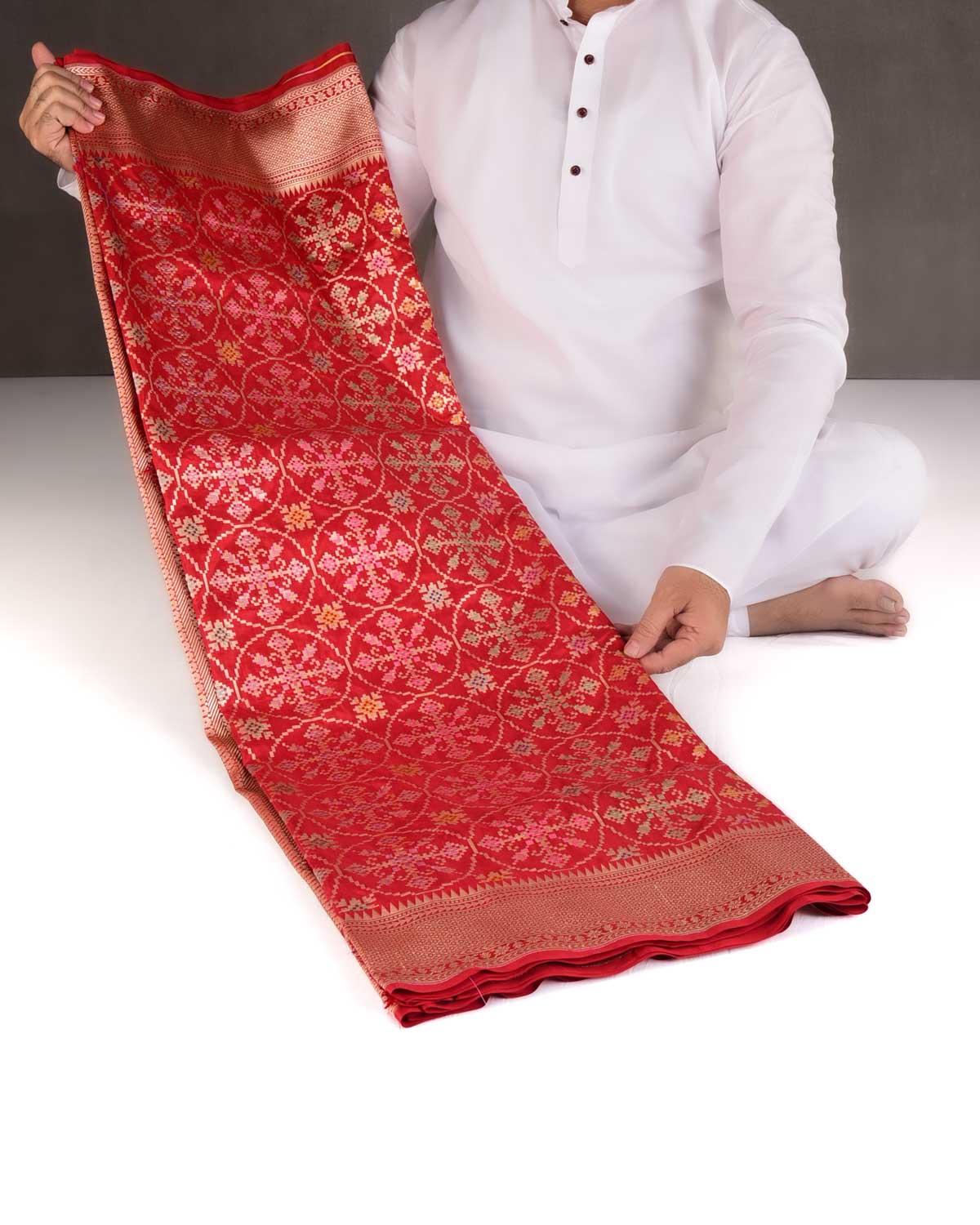 Red Tehra Patola Cutwork Brocade Handwoven Katan Silk Banarasi Saree-HolyWeaves
