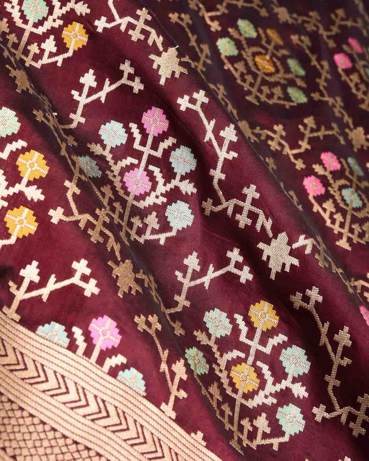 Mahogany Tehra Floral Jaal Cutwork Brocade Handwoven Katan Silk Banarasi Saree-HolyWeaves