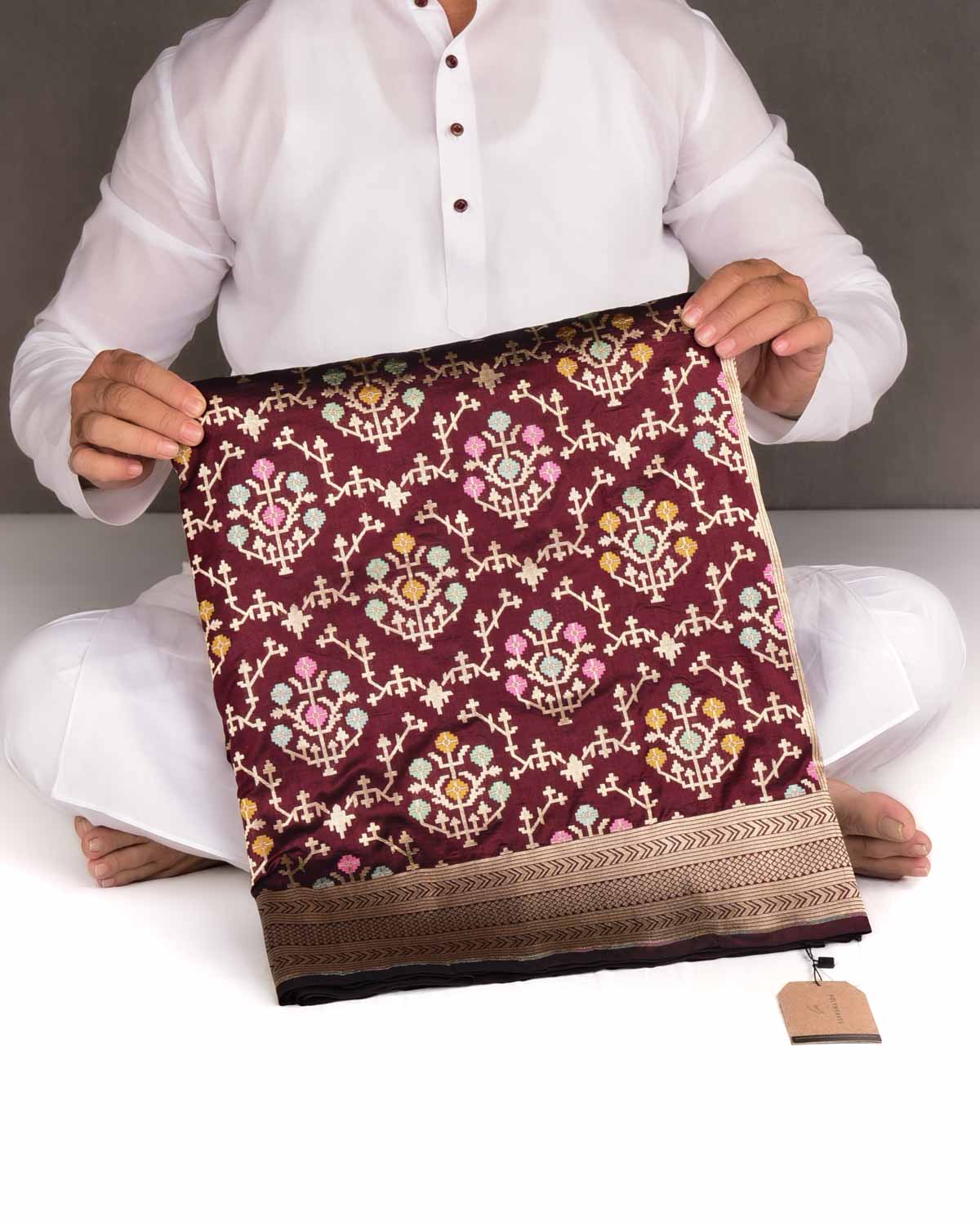 Mahogany Tehra Floral Jaal Cutwork Brocade Handwoven Katan Silk Banarasi Saree-HolyWeaves