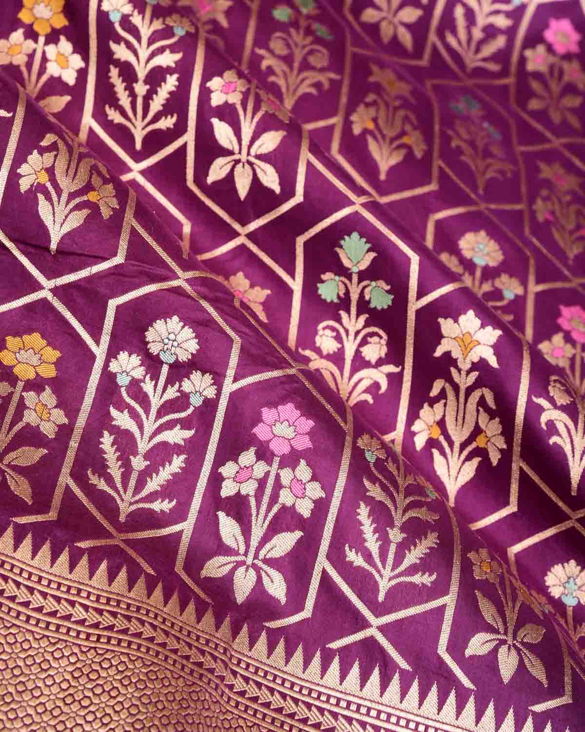 Byzantium Purple Floral Grids Cutwork Brocade Handwoven Katan Silk Banarasi Saree-HolyWeaves
