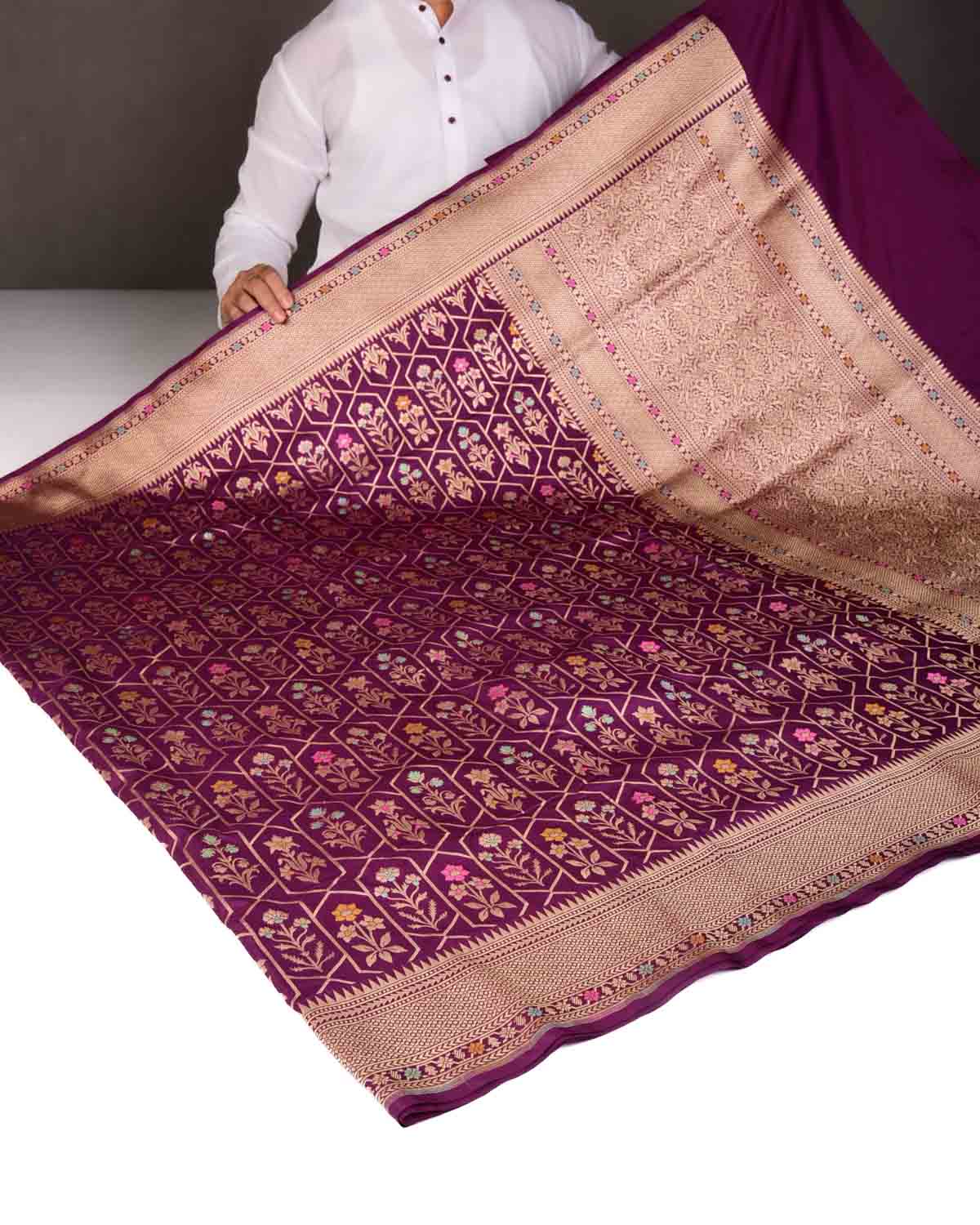 Byzantium Purple Floral Grids Cutwork Brocade Handwoven Katan Silk Banarasi Saree-HolyWeaves